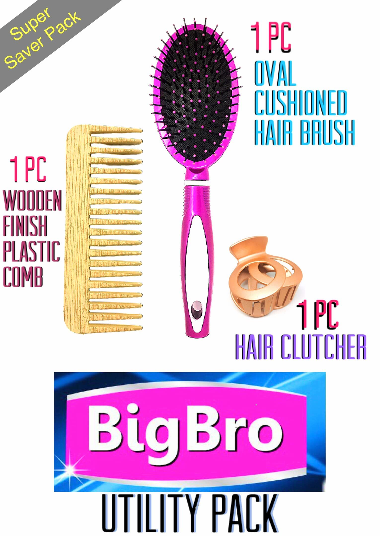 BigBro Hair Styling Kit - Wooden Oval Cushion Brush, Wide Tooth Comb & Hair Clutch (3-Piece Set) for Women & Girls - Perfect for Detangling, Styling & Updos at Home or Salon
