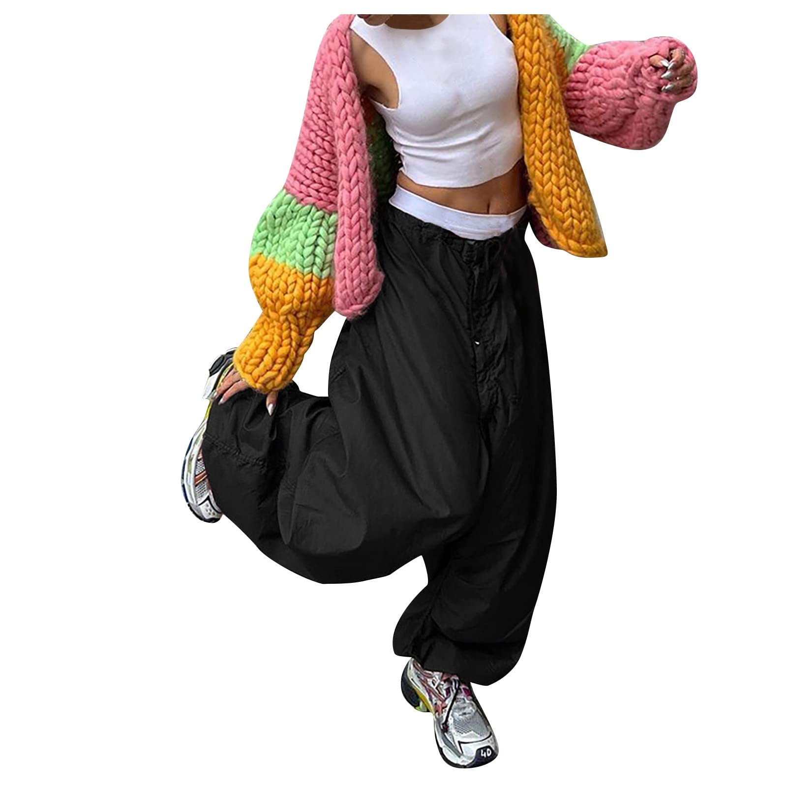 Women's Low Waist Cargo Pants - Wide Leg Loose Fit Work Pants | Harajuku Vintage Y2K Style Baggy Joggers with Drawstring Waist | Perfect for Casual Wear, Street Fashion & Work Outfits
