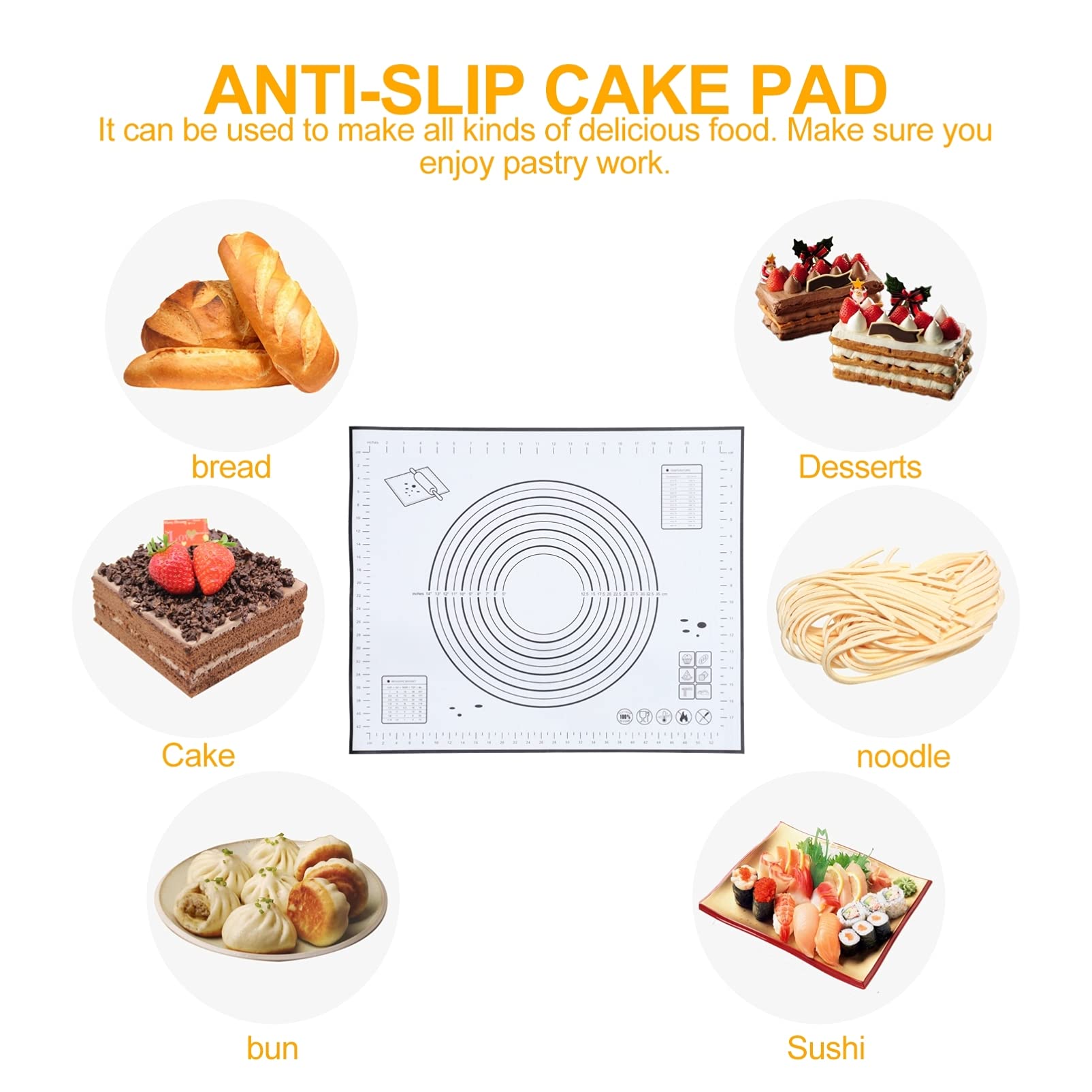SOLUSTRE Non-Stick Silicone Baking Mat - Reusable Dough Kneading Mat, Pie Crust Mat, Fondant Rolling Mat with Measurement Guide - Food Grade Pastry Mat for Cakes, Cookies & Bread (Perfect for Home Bakers & Professional Kitchens)