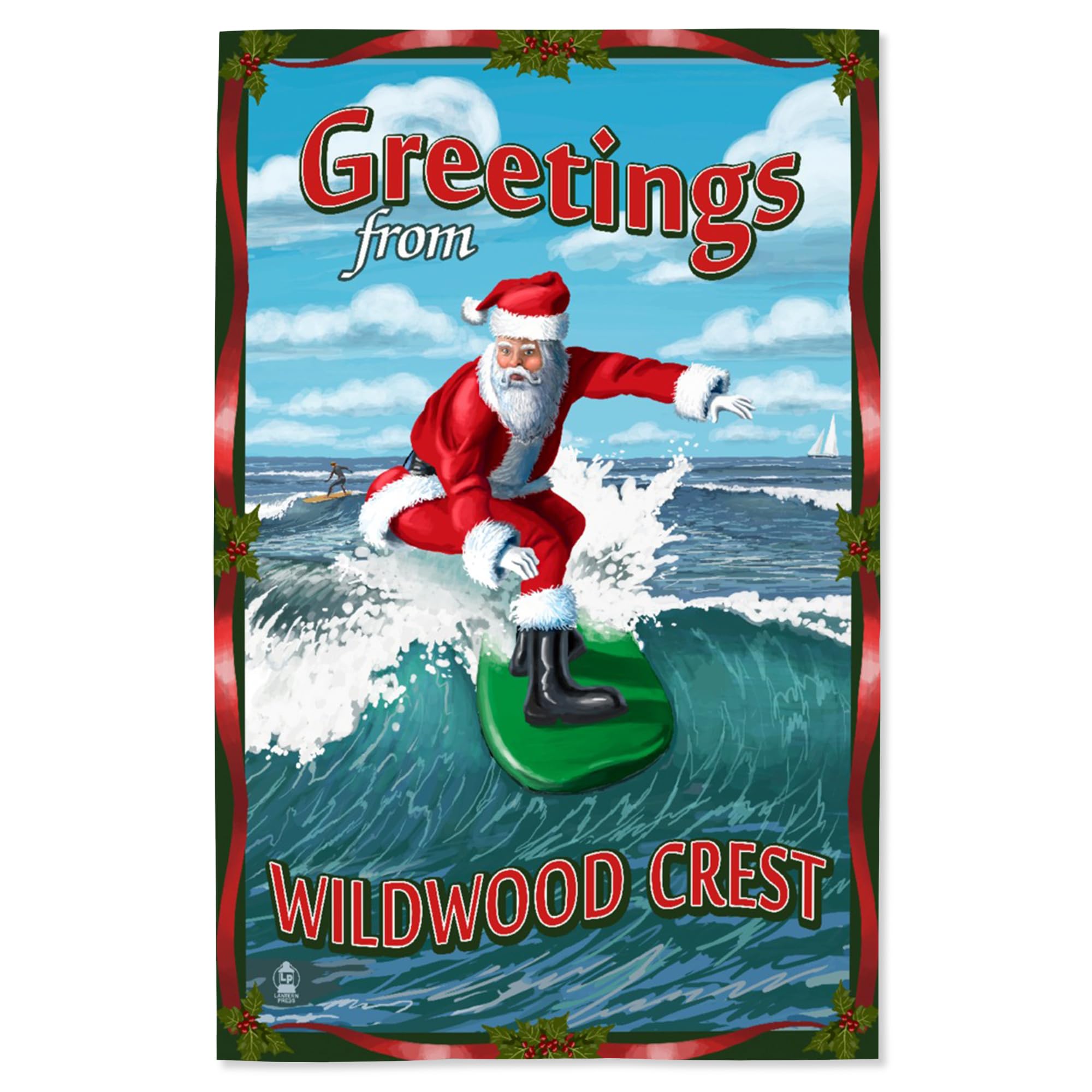 Lantern Press 16x24 Inch Giclee Art Print - Santa Surfing in Wildwood Crest, New Jersey | Coastal Wall Decor for Beach House, Surf Shack or Holiday Themed Room