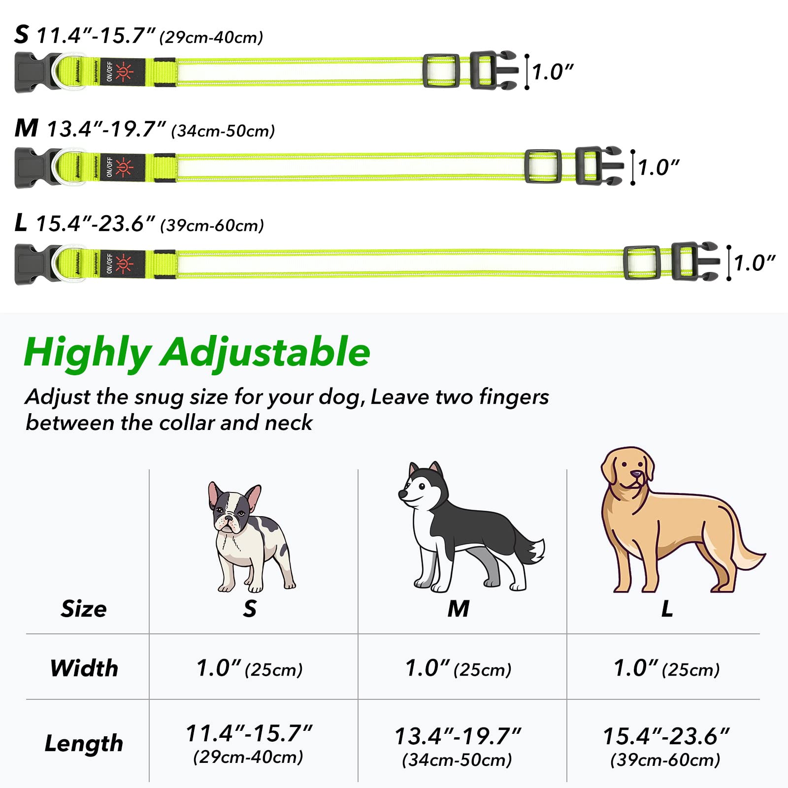 Visinite Rechargeable LED Dog Collar - Waterproof, Reflective Safety Collar with 3 Flashing Modes for Medium & Large Dogs | Green Glow Light for Night Walking, Jogging & Outdoor Adventures