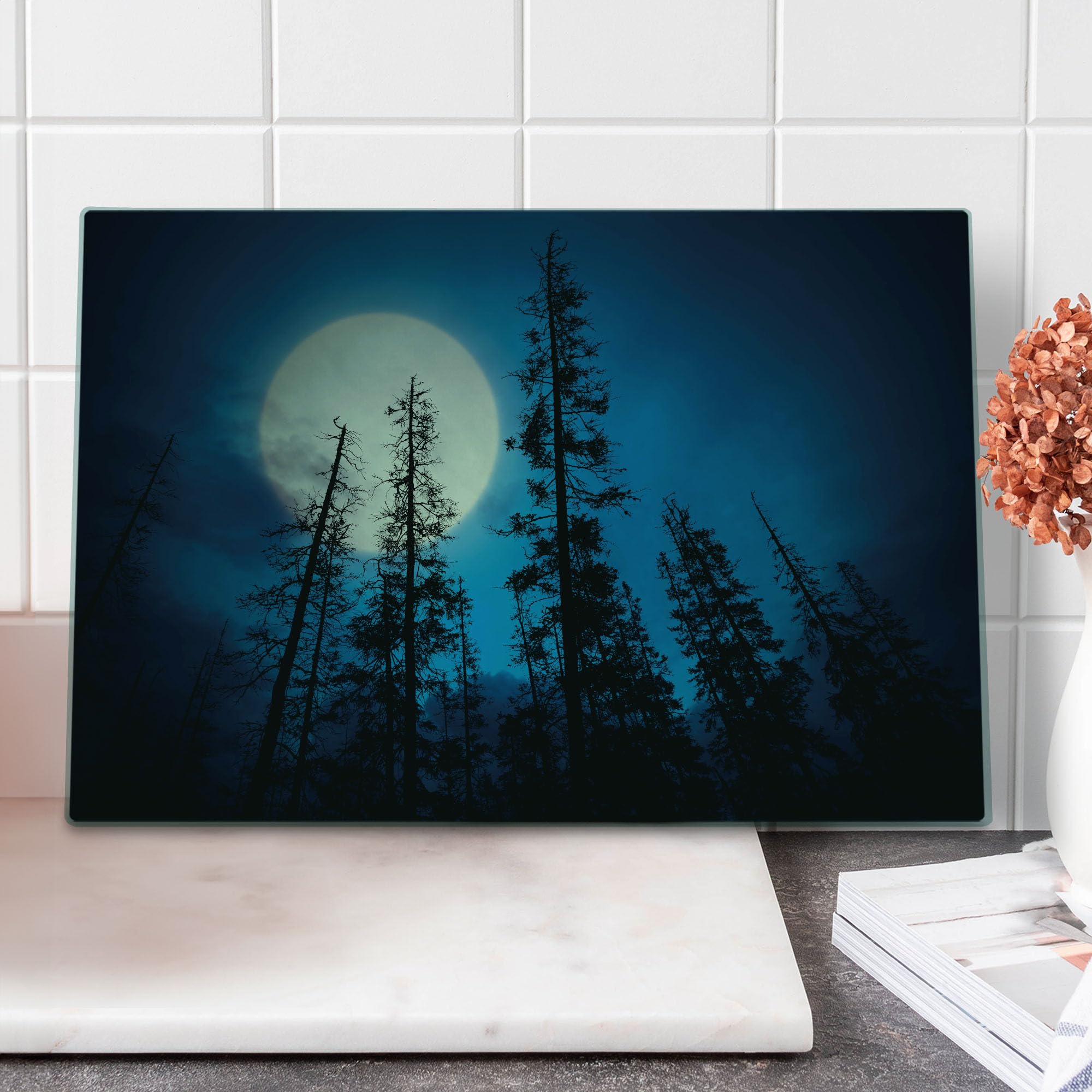 Ambesonne Dark Blue Tempered Glass Cutting Board - Spooky Mysterious Forest with Tall Trees & Full Moon Design - Large Decorative Serving Board for Kitchen & Dining - Perfect for Halloween Parties, Gifts & Home Decor