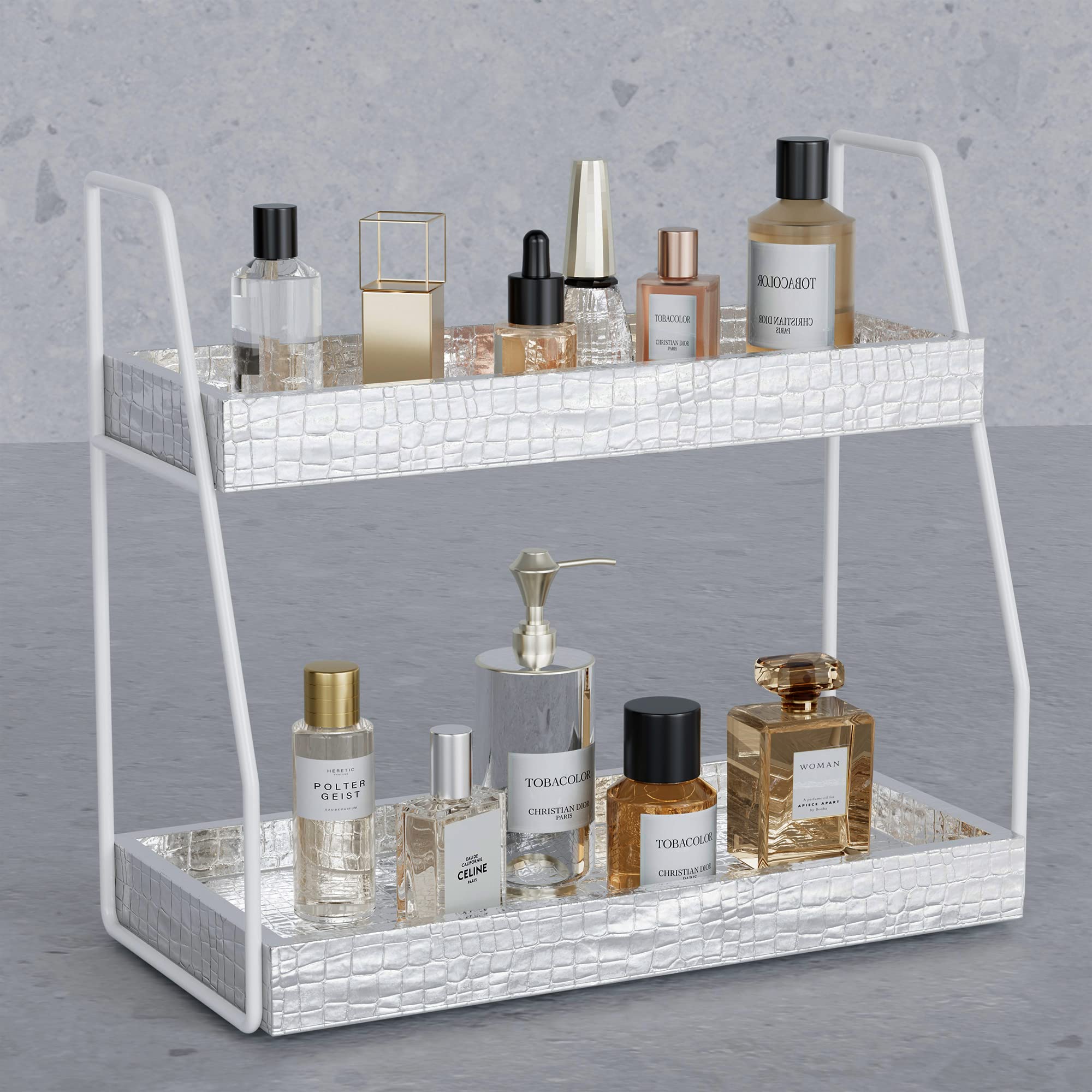 Premium 2-Tier Bathroom Countertop Organizer - Faux Leather Makeup & Vanity Storage Tray with Non-Slip Base (Silver) | Perfect for Cosmetics, Jewelry & Skincare Organization in Bathroom, Bedroom or Dressing Table
