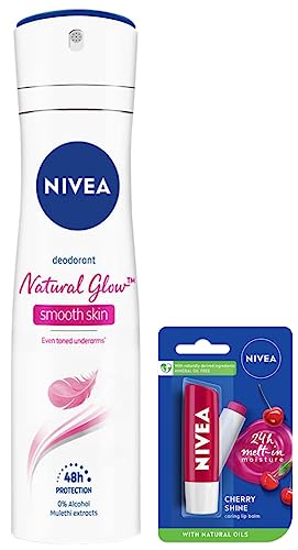 NIVEA Lip Balm - Fruity Cherry Shine 4.8g & NIVEA Deodorant for Women - Whitening Smooth Skin 150ml | Hydrating Lip Care & Odor Protection for Daily Use