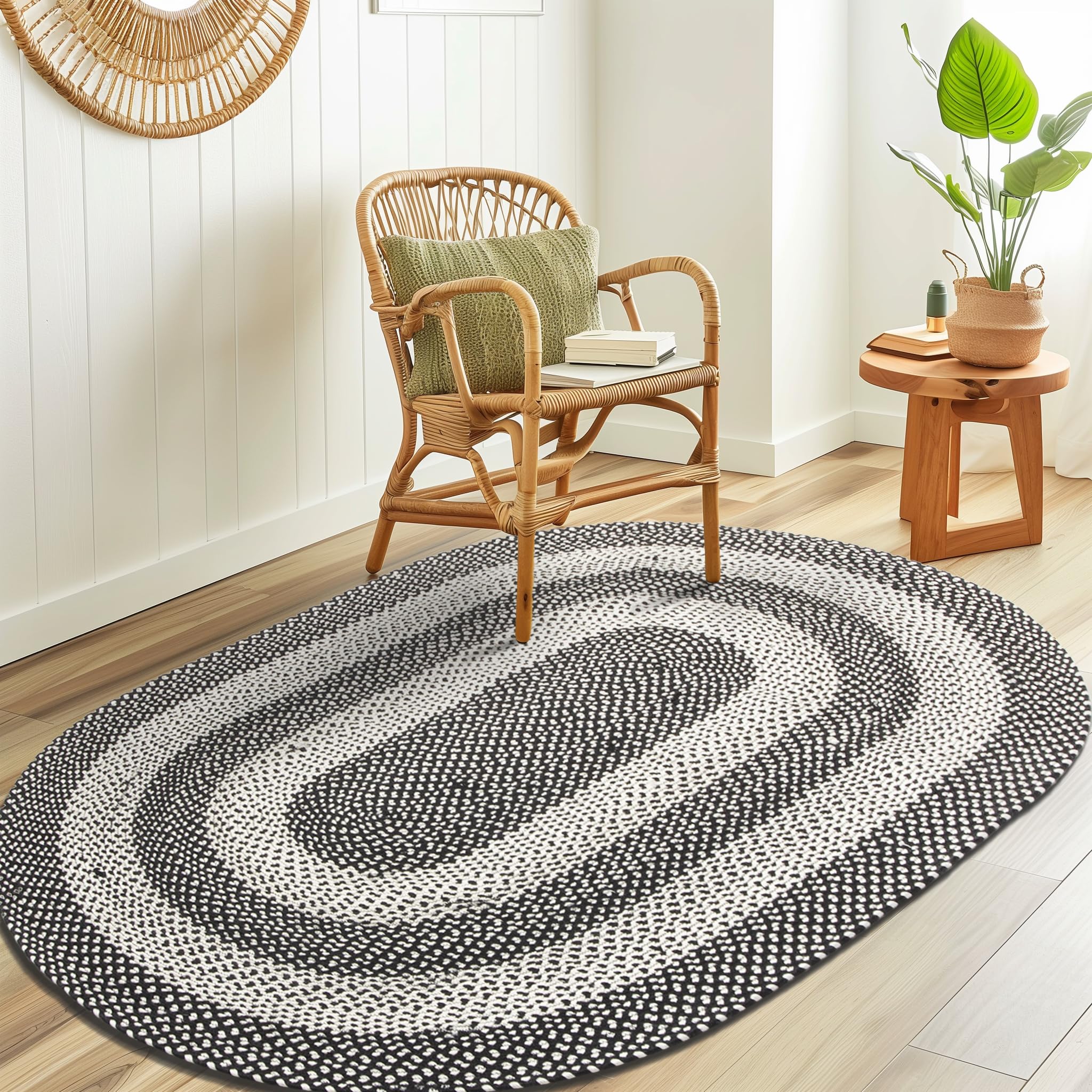 5' x 8' Oval Braided Jute Rug - Rustic Black & Ivory White Washable Area Rug for Living Room, Bedroom, Patio & Porch | Indoor Outdoor Home Decor for Farmhouse, Boho & Coastal Style