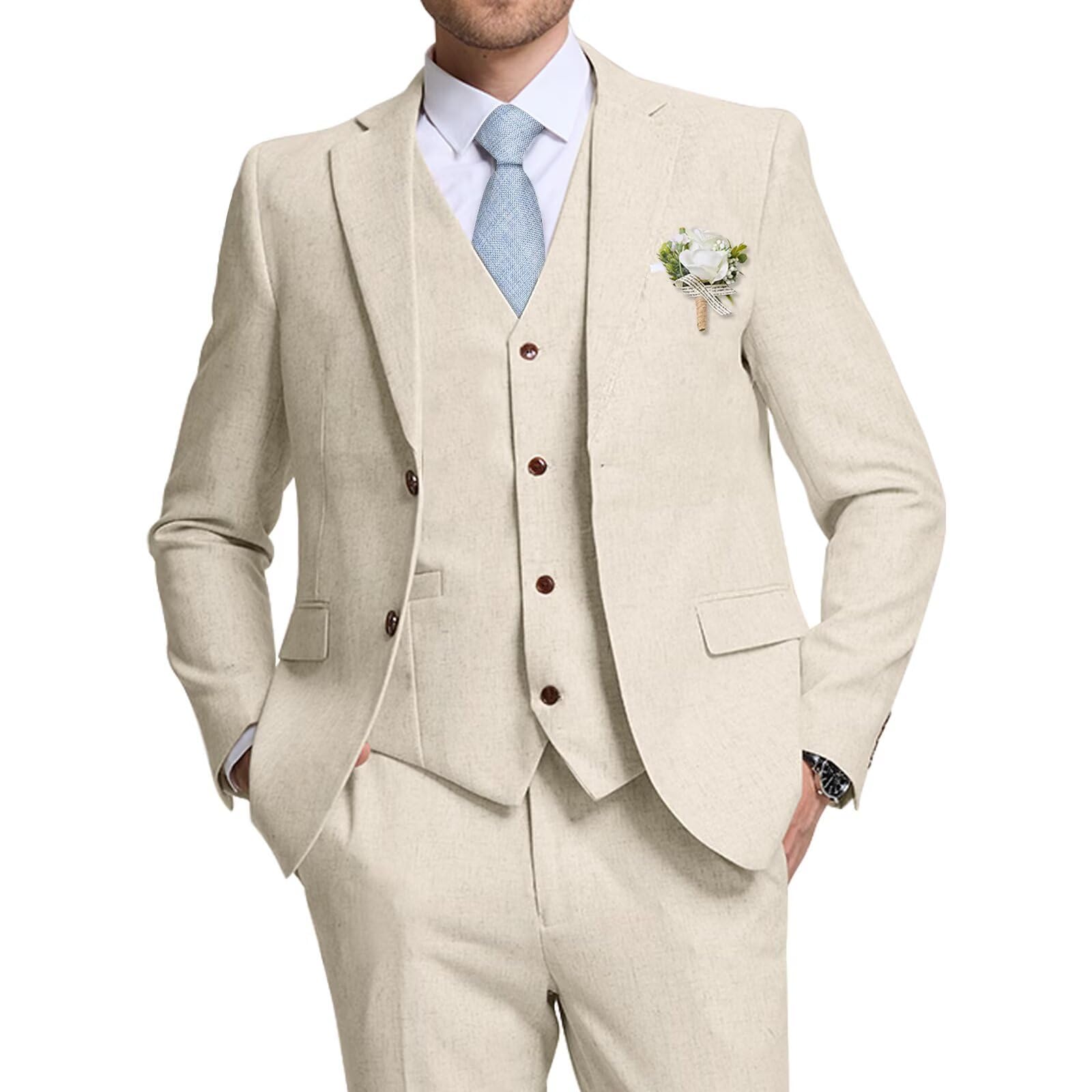 Premium Men's Retro Linen Suit - Slim Fit 3 Piece Set with Jacket, Vest & Pants - Formal Wedding Attire & Groom Tuxedo for Casual Events, Business Meetings & Special Occasions