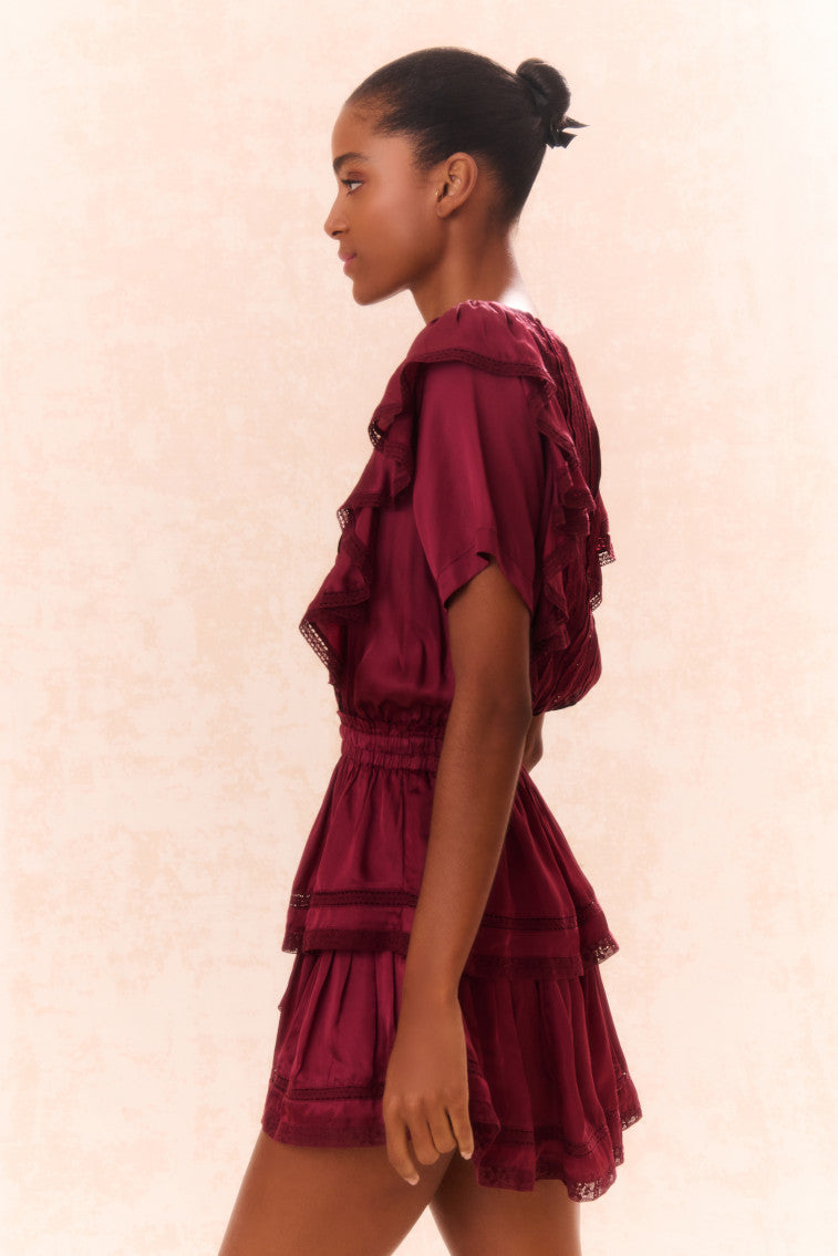 Natasha Ruffle Mini Dress in Oxblood Red - Elegant Flowy Party Dress for Women, Perfect for Cocktail Parties, Date Nights & Special Occasions