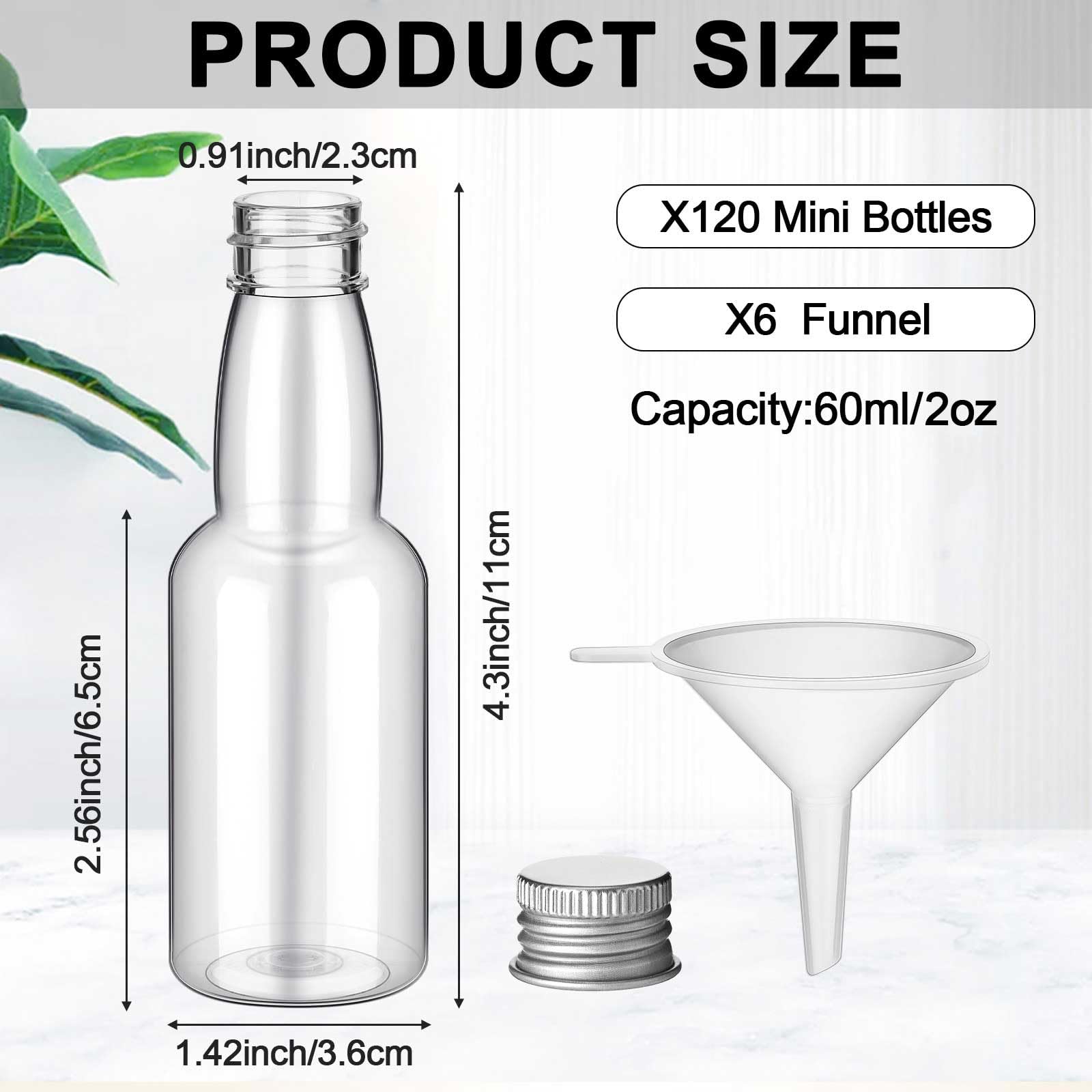 120 Pcs Mini Liquor Bottles (2 oz) - Airtight Empty Plastic Shot Bottles with Funnels - Perfect for Cocktails, Party Favors, Wedding Decor & Home Bar Accessories (Silver)