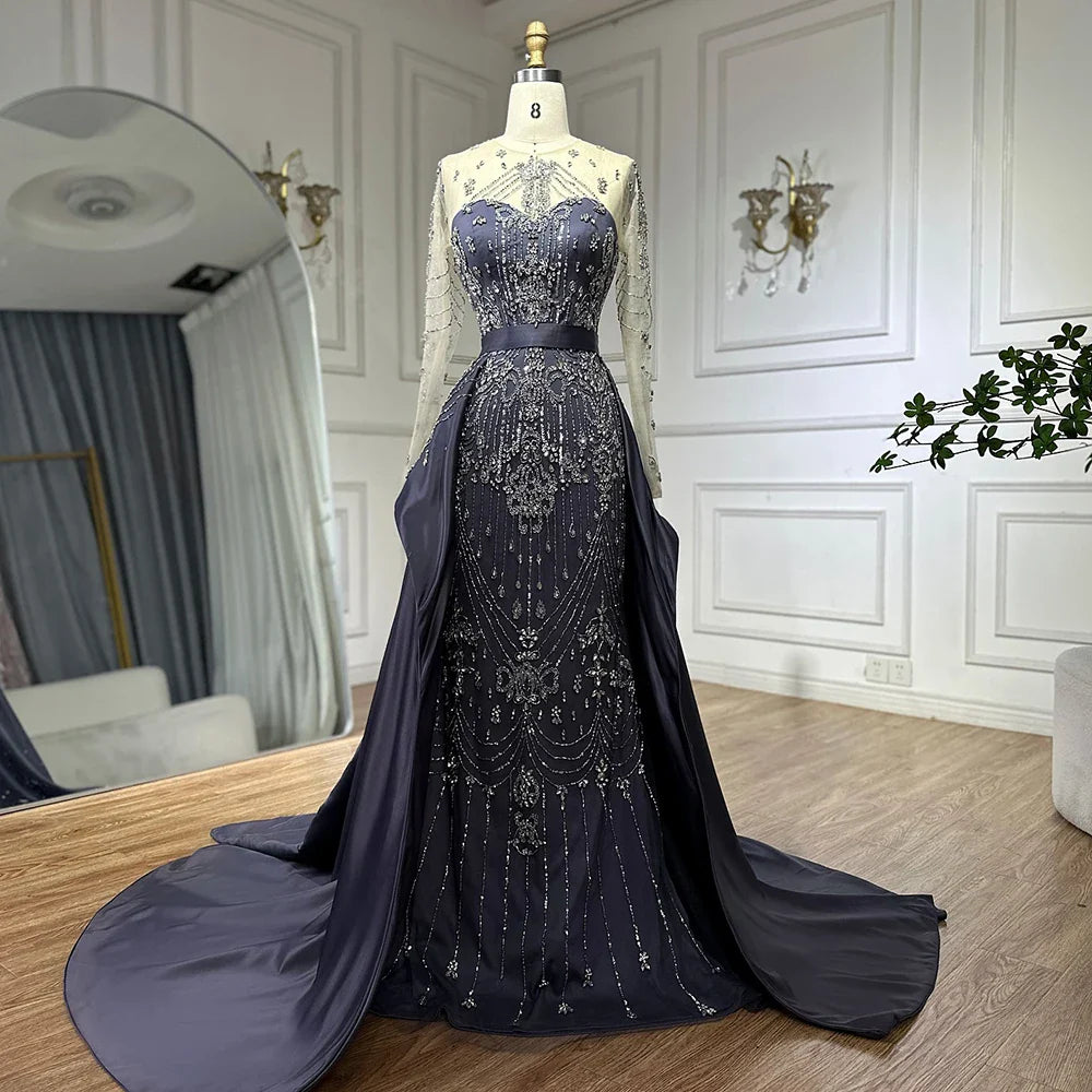 Luxury Dubai Elegant Blue Saudi Arabic Evening Gown with Overskirt - Crystal Beaded Formal Dress for Women - Perfect for Weddings, Galas & Special Occasions LA72757