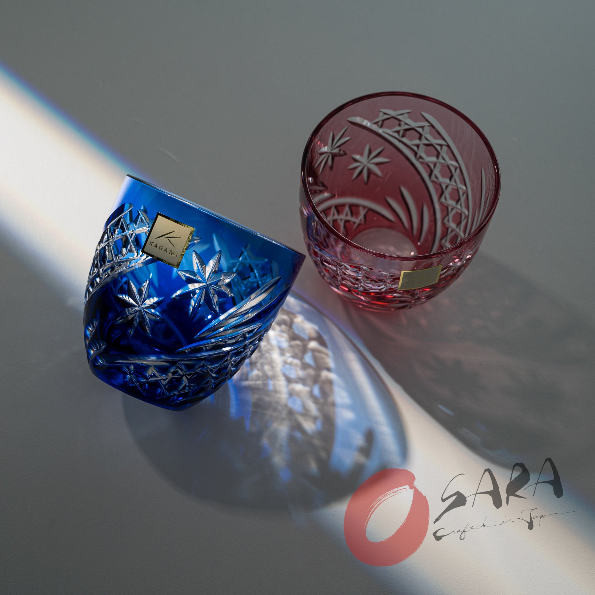 KAGAMI Edo Kiriko Crystal Sake Glasses Set of 2 - 140ml Handcrafted Japanese Cut Glass Cups with Starry Sky Design - Perfect for Sake Tasting, Japanese Dining & Luxury Gift Giving