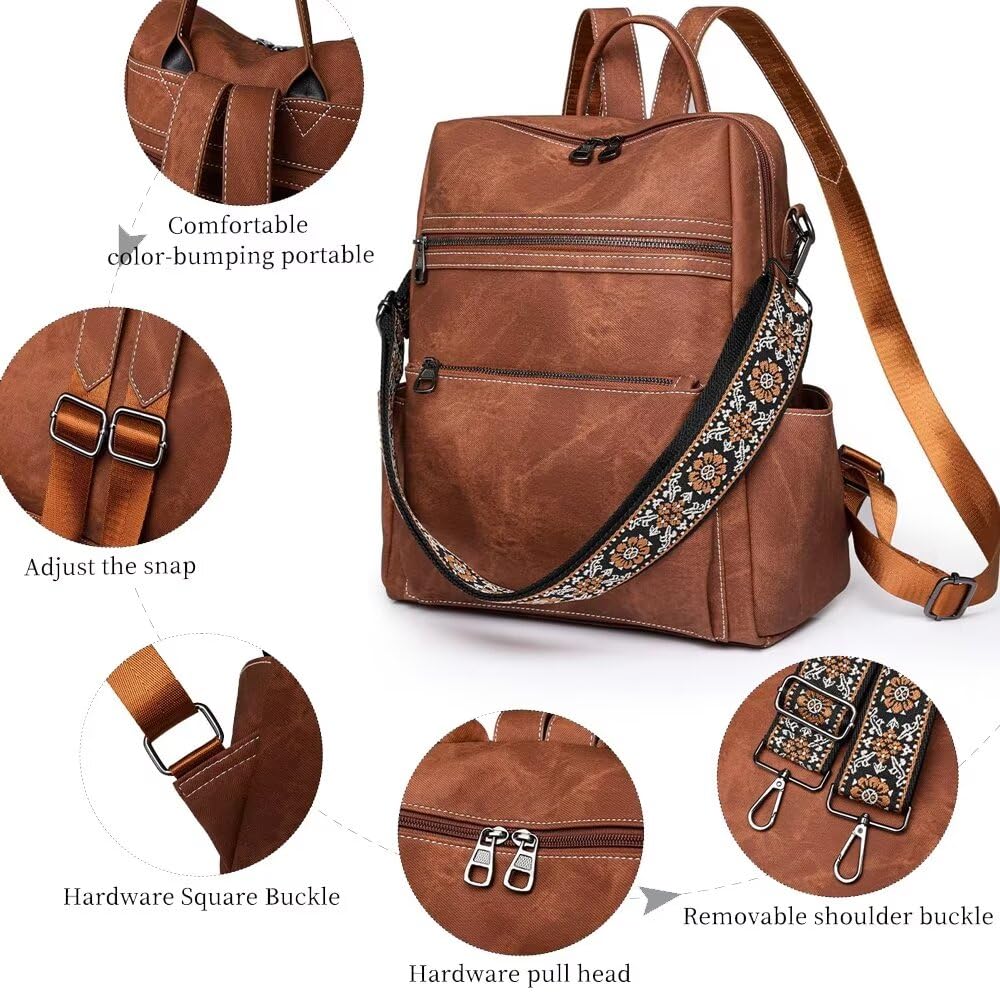 Stylish Vegan PU Leather Backpack for Women - Large Anti-Theft School & Travel Rucksack - Waterproof Shoulder Bag for Hiking, Work & Daily Commute - Fashionable Brown Handbag