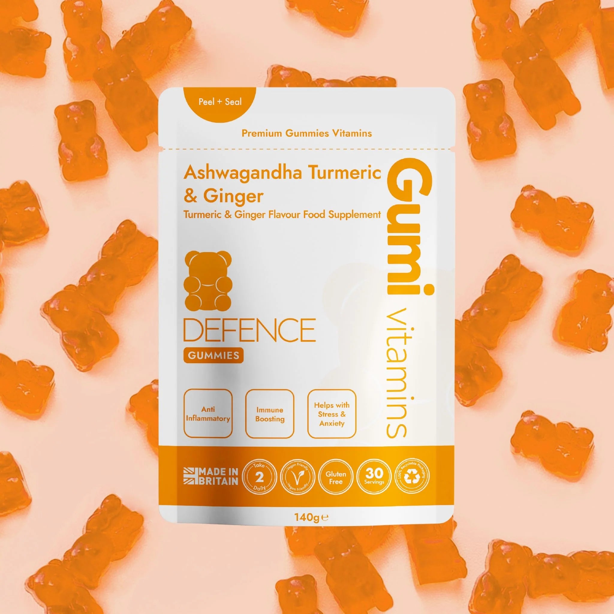 Gumi Vitamins Defence - Ashwagandha, Turmeric & Ginger Supplement for Immune Support | Boost Energy & Reduce Stress | Perfect for Daily Wellness & Active Lifestyles