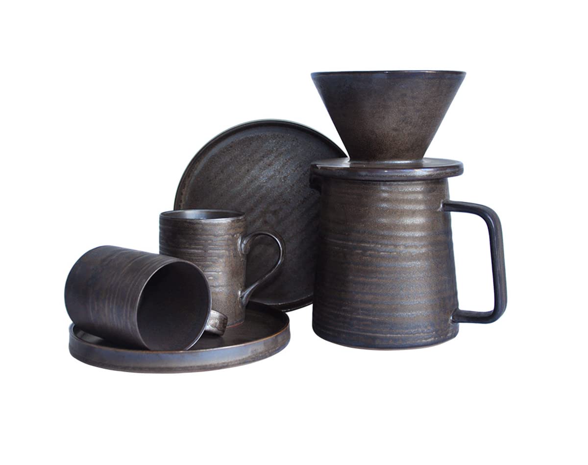 Handmade Stoneware Pour Over Coffee Maker Set with Dripper Cone Filter, 16oz Coffee Decanter & Espresso Cups - Retro Metallic Glazed Annular Veins Design for Home Brewing, Office Use & Gift Giving