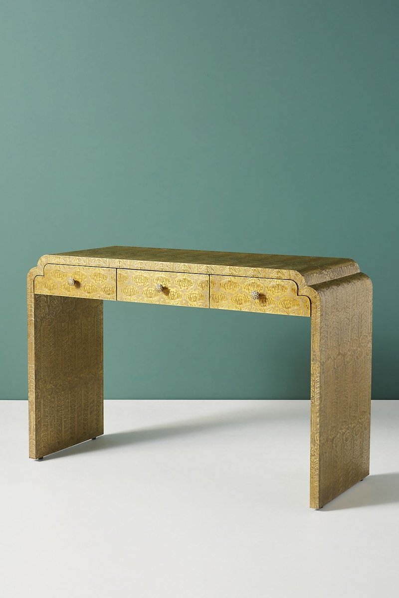 Antique Metal Hand Embossed Lotus Console Table - Elegant Entryway Furniture for Hallway, Living Room & Foyer Decor