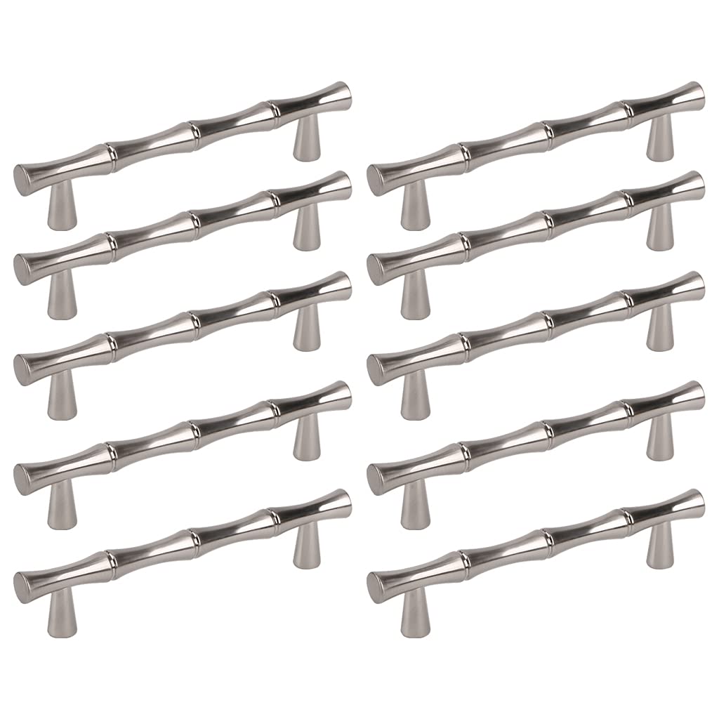 Vintage Bamboo Cabinet Pulls & Drawer Knobs - Farmhouse Style Brushed Nickel Handles for Kitchen, Bedroom, Bathroom Furniture (3.75