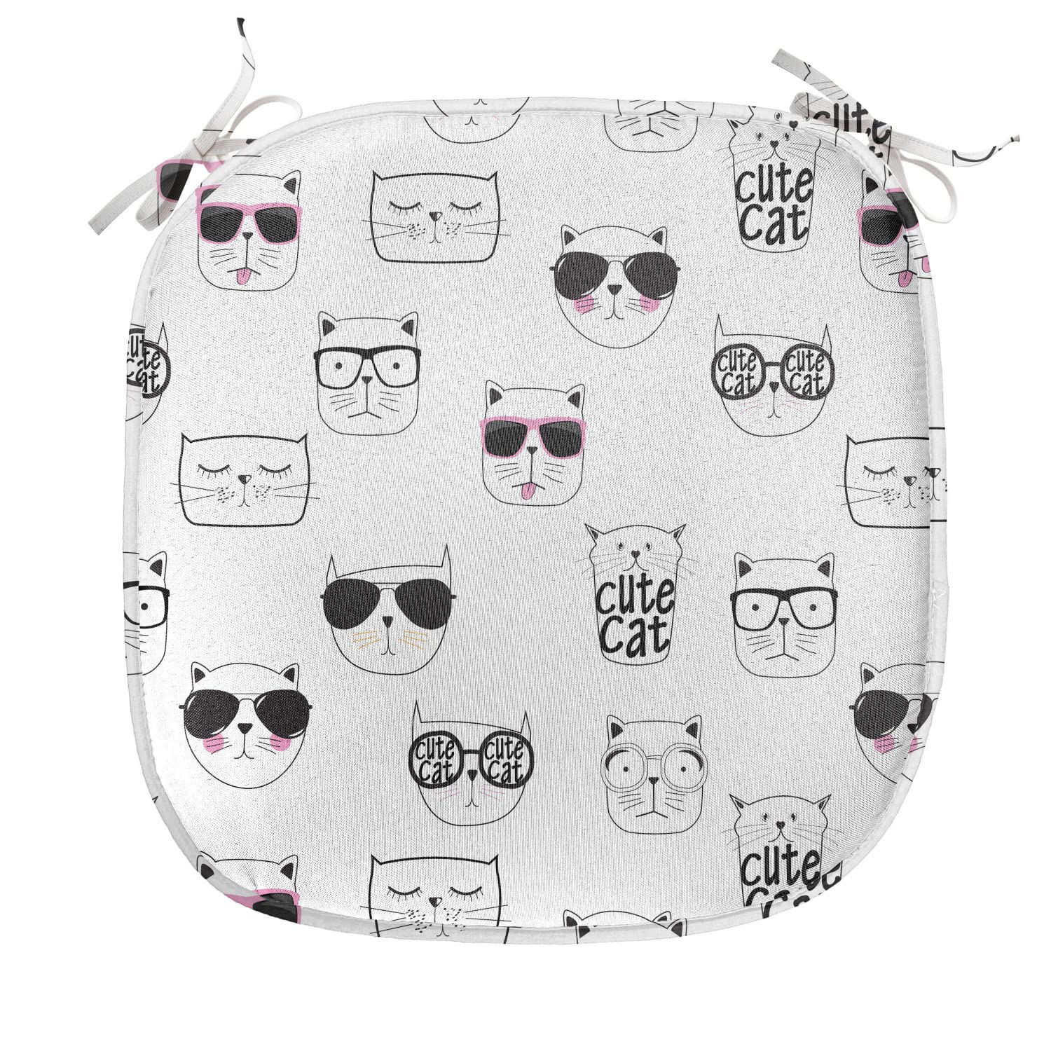 Ambesonne Cat Chair Cushion Set of 8 - Hipster Cat Portraits with Sunglasses, Funny Doodle Design, Non-Slip Seat Pads for Kitchen, Dining & Patio Furniture - 16x16 Inch Black White Pink - Perfect for Home Decor, Gifts & Cat Lovers