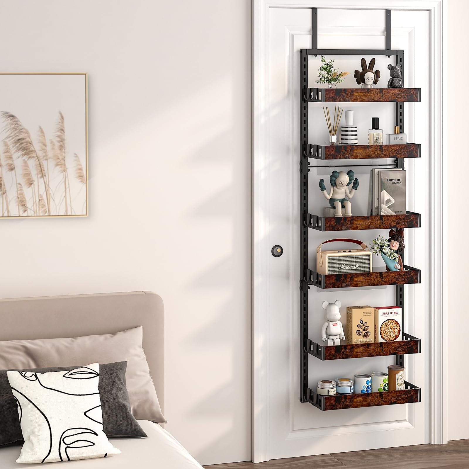 6-Tier Over the Door Pantry Organizer - Adjustable Wooden Basket Kitchen Storage with Heavy-Duty Metal Hooks (17.71
