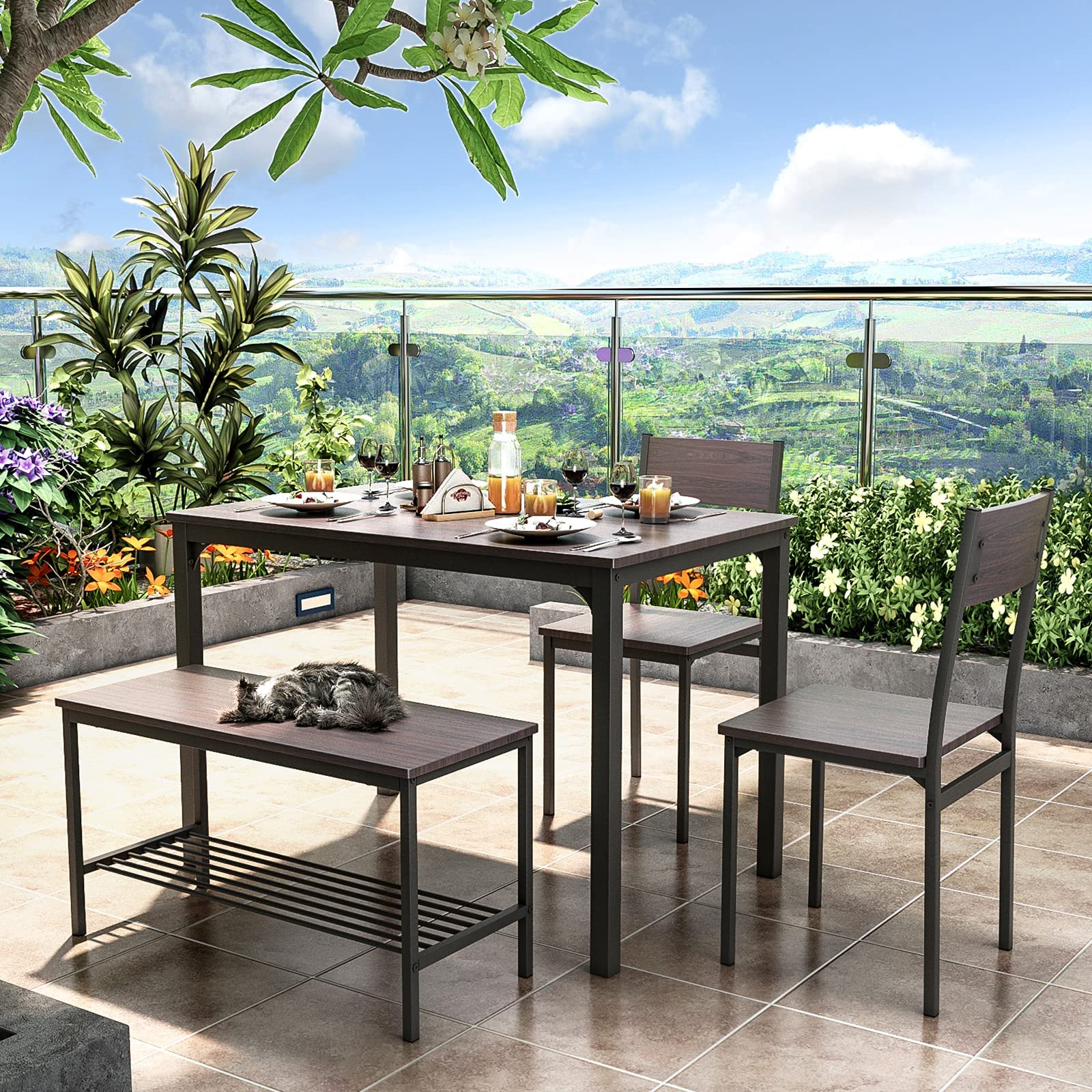 Soges 4-Piece Rustic Oak Dining Table Set for Small Spaces - 43.3 Inch Kitchen Table with Chairs & Bench - Perfect for Apartments, Restaurants & Cozy Family Meals