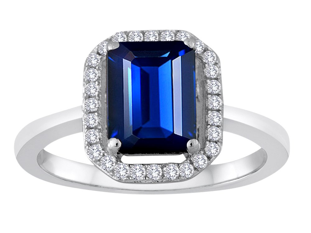 Star K Emerald Cut Lab-Created Sapphire Halo Ring in Sterling Silver - Perfect for Engagement, Anniversary & Special Occasion Jewelry Gifts