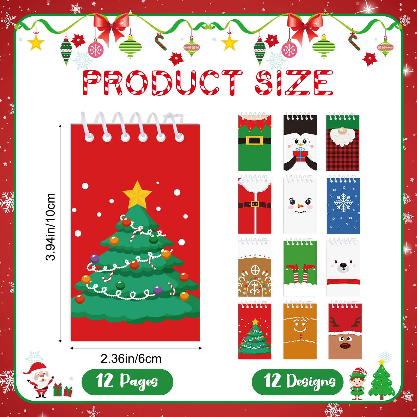 12 Pack Mini Christmas Notepads - Holiday Spiral Notebooks with Elk & Santa Designs - Lined Memo Pads Bulk for Stocking Stuffers - Perfect for Christmas Gifts, Xmas Party Supplies & Office/Home Use (12 Styles)