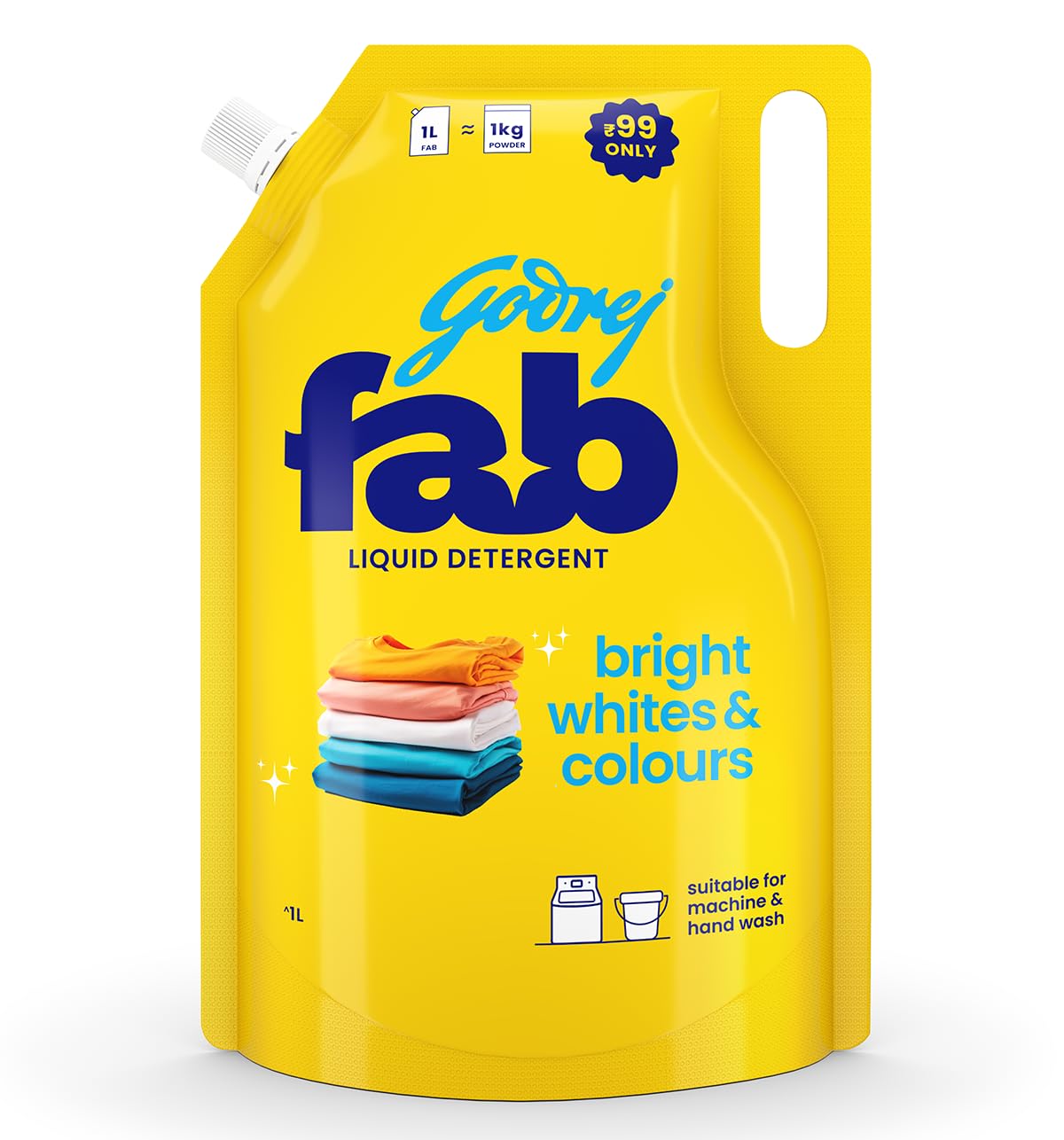 Godrej Fab Liquid Detergent Refill Pouch 1L - Machine & Hand Wash Laundry Detergent | Gentle on Clothes | Ideal for Daily Laundry, Travel & Emergency Use