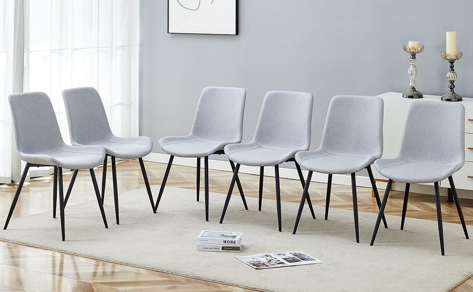6-Piece Light Gray Linen Cotton Dining Chair Set - Ergonomic Curved Cushion Design for Comfortable Seating | Perfect for Dining Room, Kitchen, and Home Decor