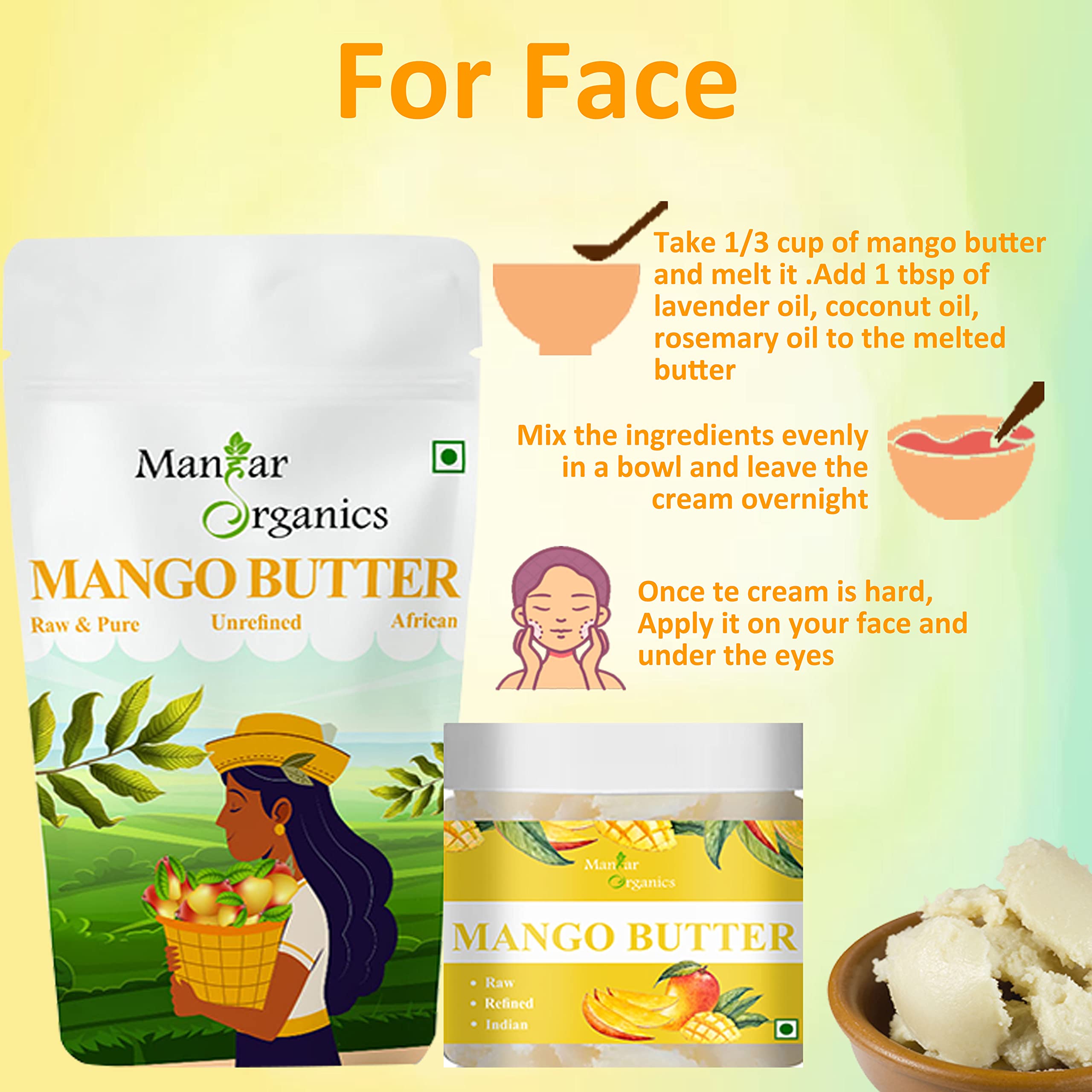 Organic Mango Butter 4.4oz (125g) - Raw, Unrefined African Body Butter for Dry Skin, Hair & Lips | Natural Moisturizer & Nourishing Cream | DIY Skincare, Body Care & Lip Balm | Perfect for Massage, Stretch Marks & Cracked Heels