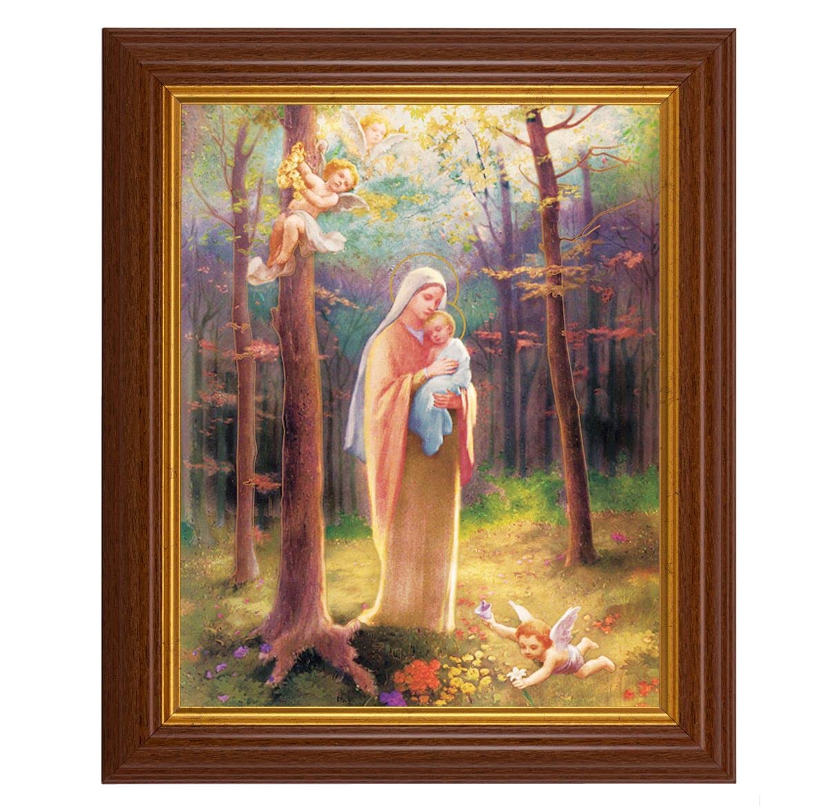 Madonna of The Woods Italian Art Print - 10.5x12.5 Inch Walnut Fluted Frame with Gold Beaded Lip - Perfect for Home Decor, Wall Art & Religious Gifts