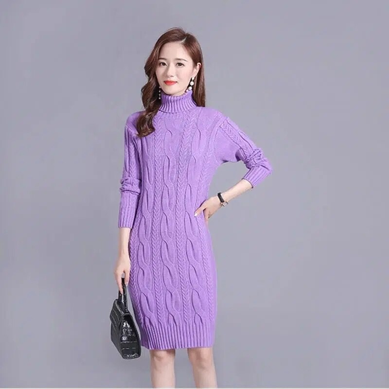 Women's Solid Color Turtleneck Knit Sweater Dress - Warm Winter Pullover Dress for Casual Outings & Office Wear