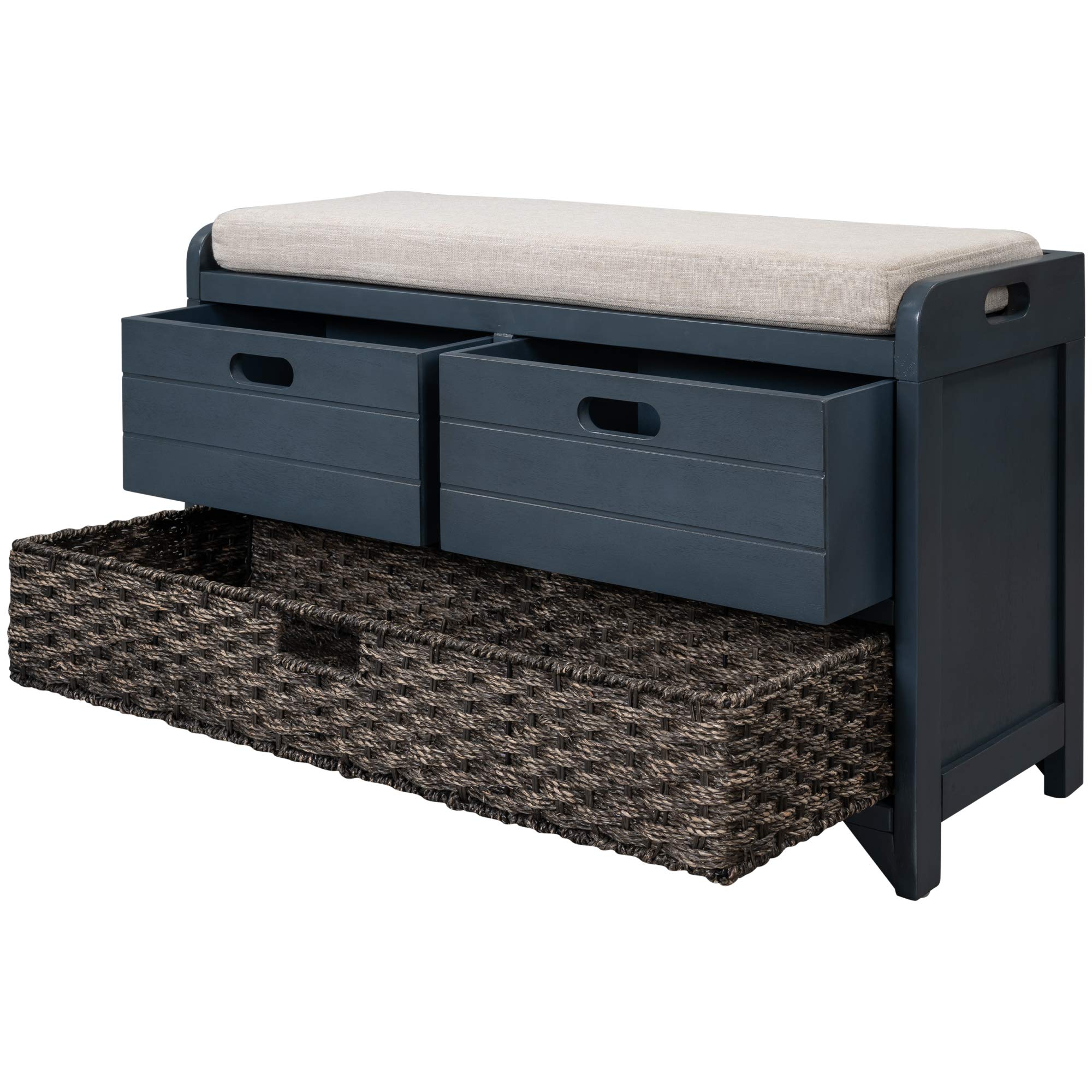 Rhomtree Entryway Shoe Bench with Removable Basket & 2 Drawers - Fully Assembled Hallway Storage Seat with Cushion for Living Room, Bedroom, Mudroom - Navy Blue Shoe Organizer for Home Décor & Entry Organization