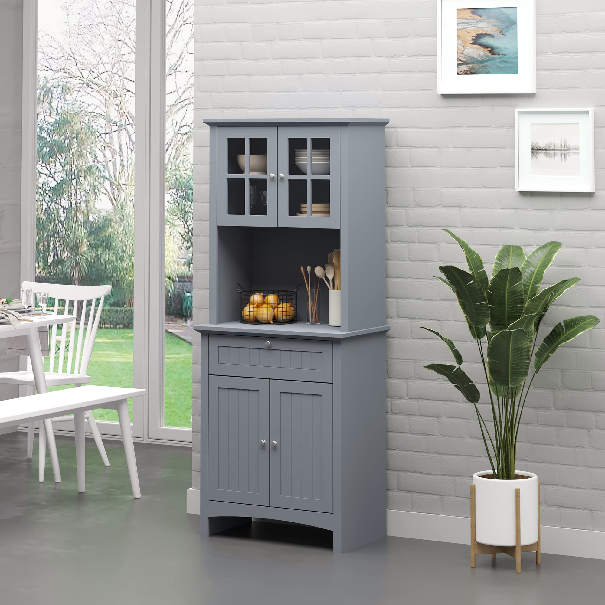 HOMCOM Elegant Buffet Hutch with Glass Doors - Kitchen Pantry Storage Cabinet with Drawers & Microwave Space, Grey - Perfect for Dining Room Storage & Small Kitchen Organization
