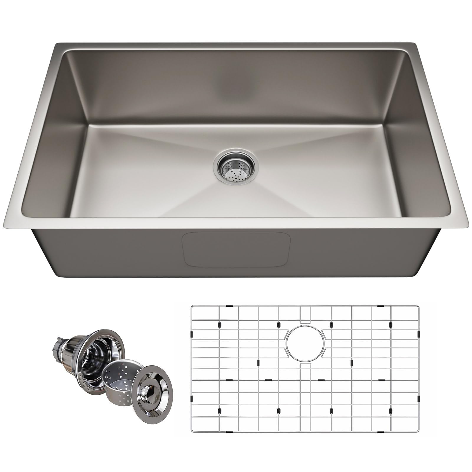 HOROW 32 Inch Undermount Kitchen Sink - 16 Gauge Stainless Steel Single Bowl Sink with Strainer & Bottom Grid - 32