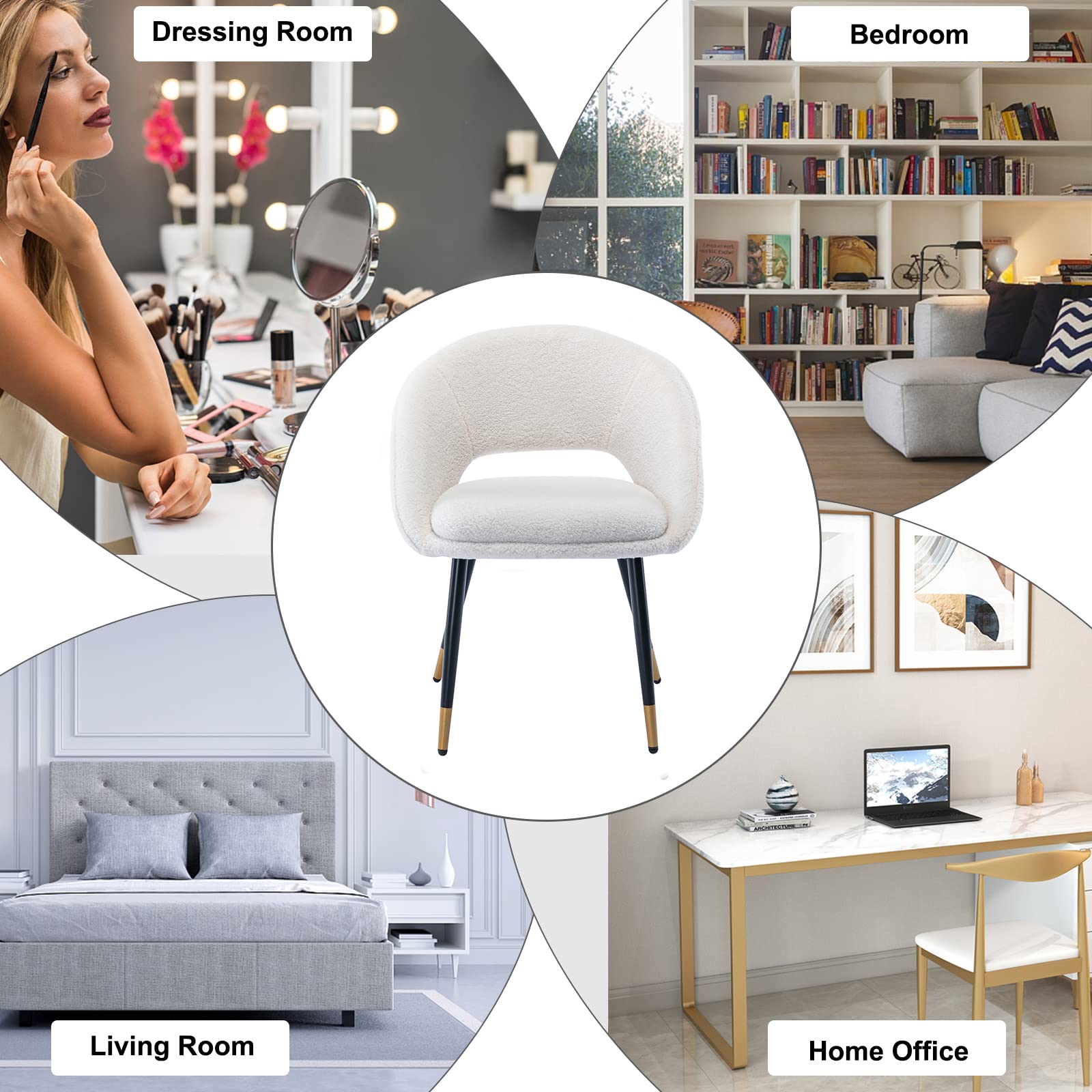 HomVent Faux Fur Makeup Vanity Chair - Modern Home Office & Dining Chair with Sturdy Metal Legs, White (Set of 2) - Perfect for Bedroom, Living Room & Beauty Station