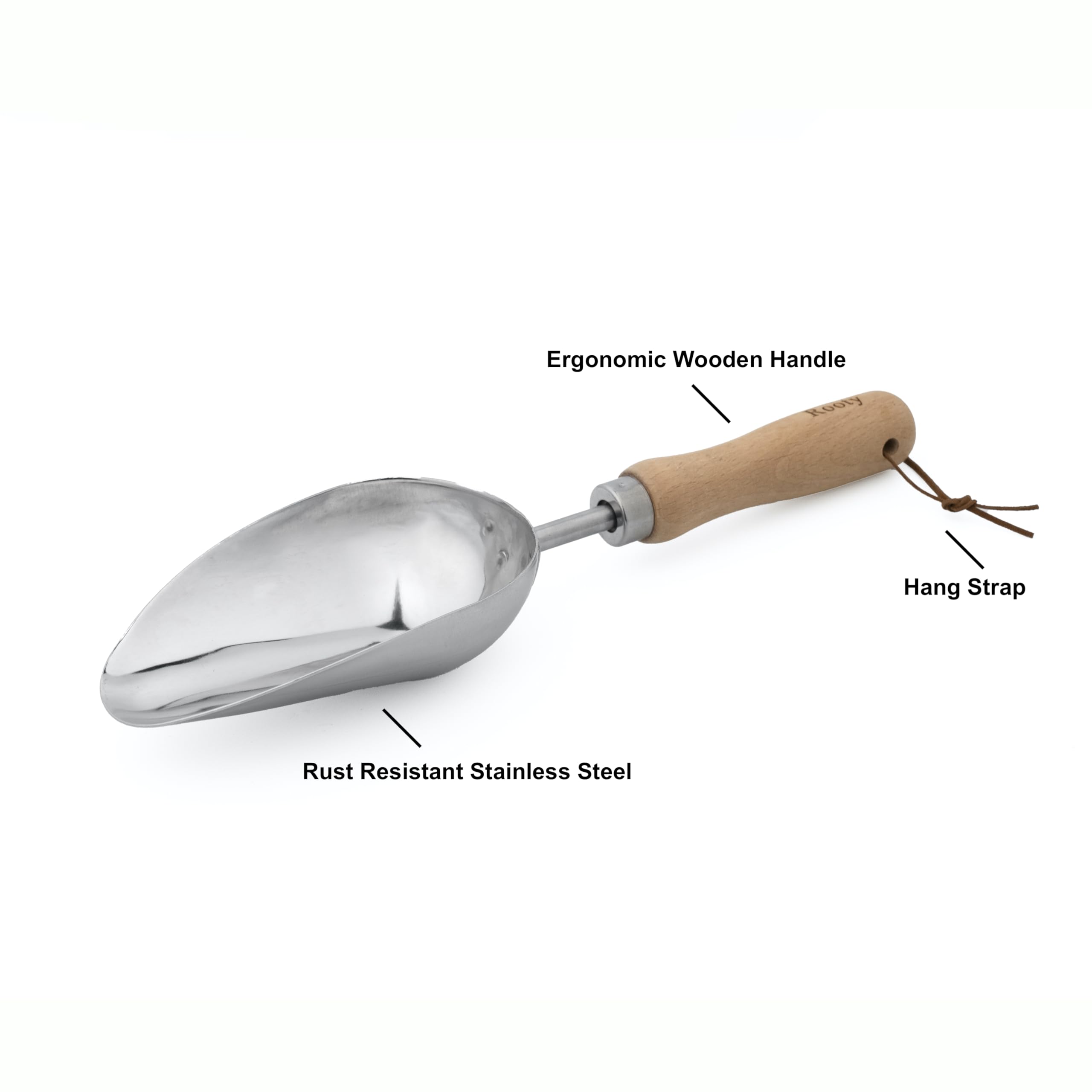 Stainless Steel Rooty Gardening Soil Scoop with Wooden Handle - Perfect for Transplanting, Digging & Planting | Essential Gardening Tools & Accessories | Ideal for Gardeners & DIY Planting Gifts | Great for Indoor Potted Plants, Outdoor Flower Beds & Vegetable Gardens
