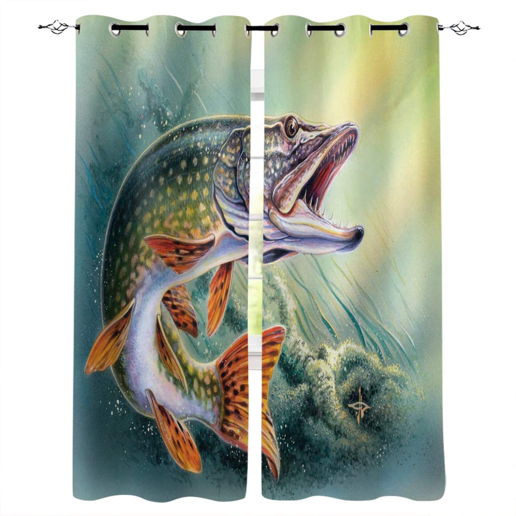 Red Vow Blackout Curtains for Bedroom - Thermal Insulated Room Darkening Window Drapes with Grommet Top, Bass Fish Pattern (Set of 2 Panels, 52x84 Inches) - Perfect for Sliding Glass Doors, Patio, and Noise Reduction