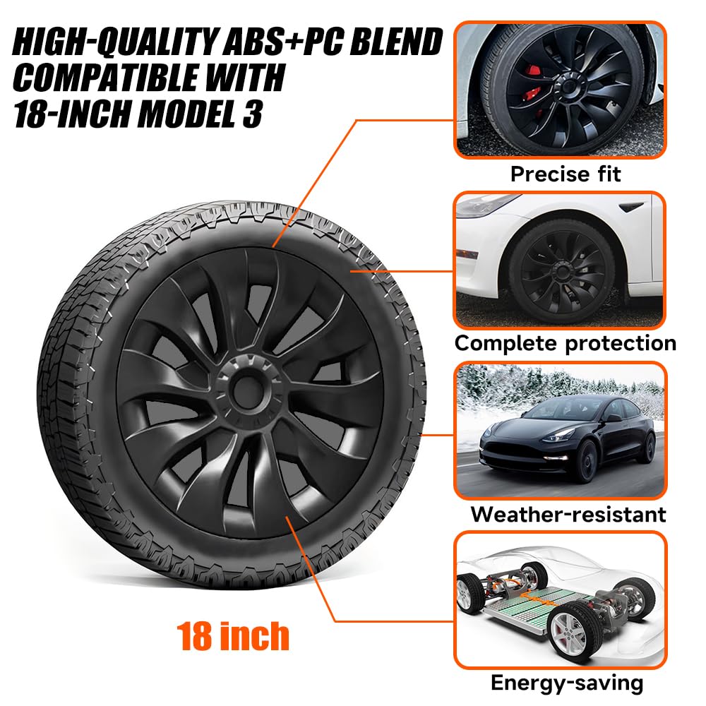 Tesla Model 3 18 Inch Wheel Covers (4-Piece Set) - ABS Hubcaps Compatible with 2017-2023 Model 3 | OEM Style Rim Replacement in Whirlwind Matte Black - Perfect for Car Upgrades & Winter Protection
