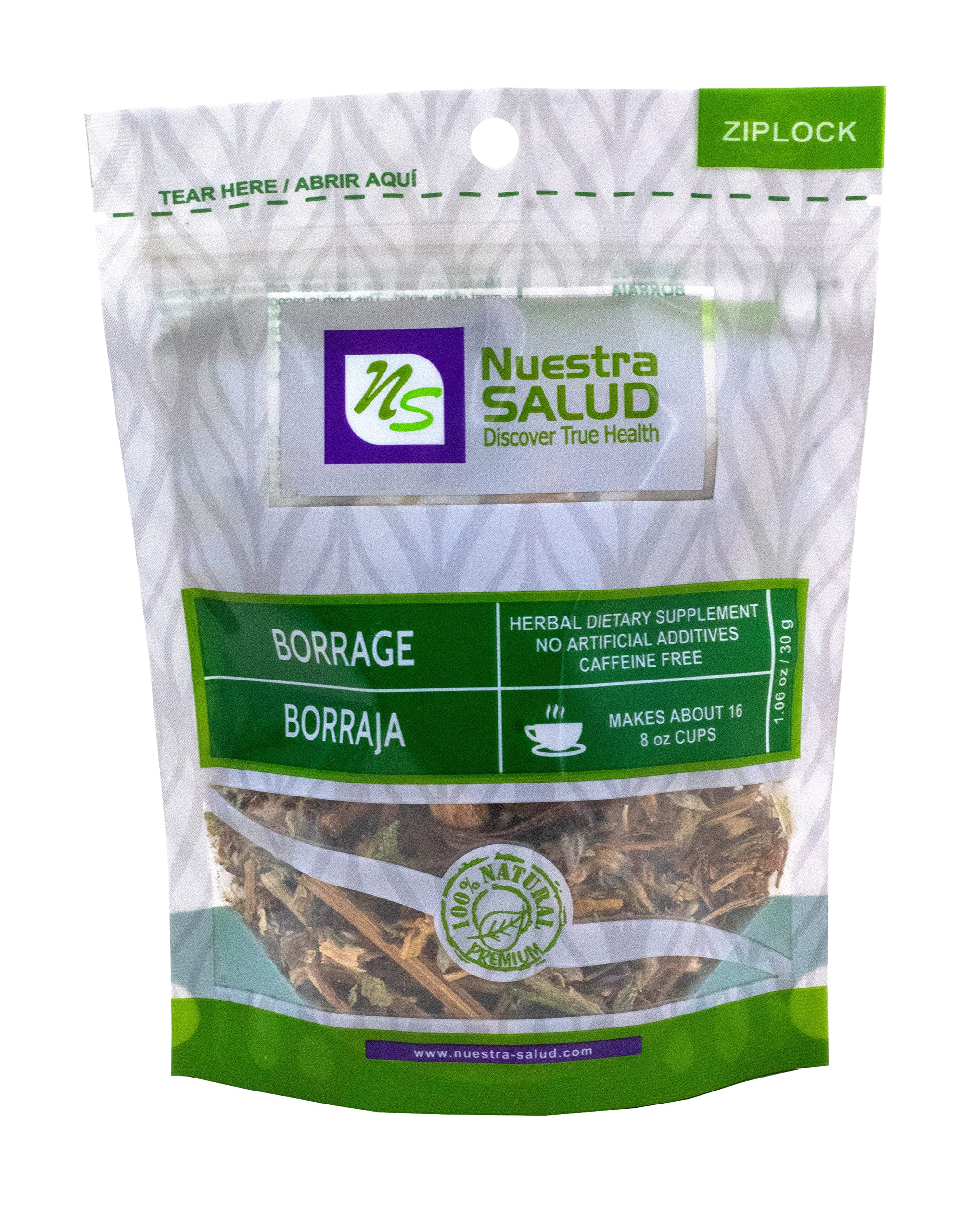 Nuestra Salud Borage Herb Tea - 100% Natural Dried Borraja Tea, Traditional Herbal Tea (1.06oz) in Resealable Zip-Lock Bag - Perfect for Relaxation, Detox & Immune Support