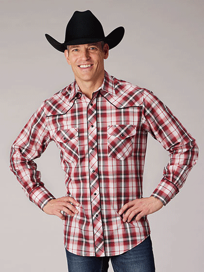 Roper Men's Long Sleeve Snap Plaid Western Shirt - Red Checkered Flannel Shirt for Cowboy, Ranch Work & Casual Wear