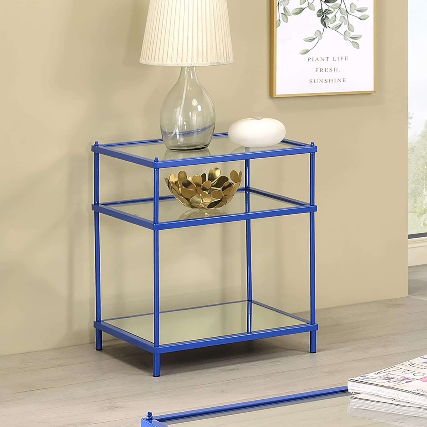 Modern 2-Shelf Metal Storage Side Table with Glass Top - 18 Inch Rectangle Design for Living Room & Bedroom - Blue Langeloth Style - Perfect for Holding Books, Plants & Decor