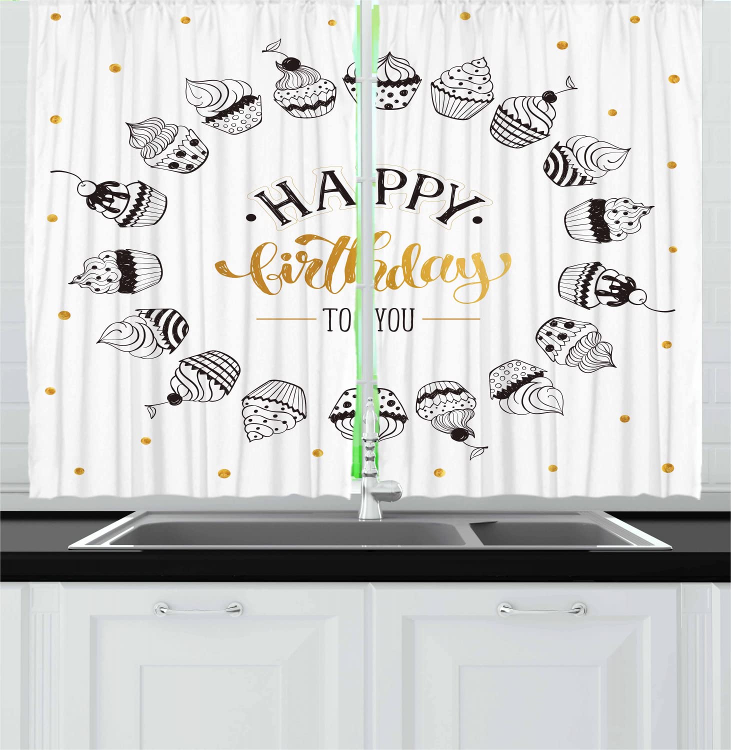 Ambesonne Cupcake Kitchen Curtains - Happy Birthday Design with Celebration Cake Print, 2 Panels Rod Pocket Drapes for Windows, 55 x 45 Inches, Earth Yellow Black & White - Perfect for Birthday Party Decorations & Kitchen Window Treatments