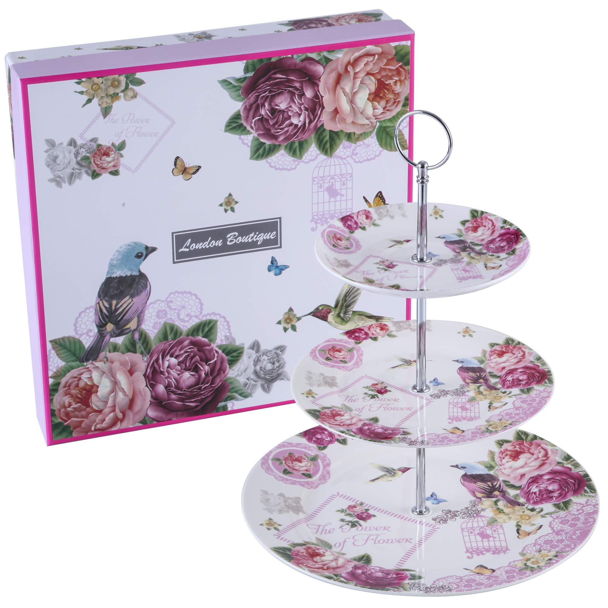 Vintage 3-Tier Porcelain Cake Stand with Floral Rose & Butterfly Design - Elegant Afternoon Tea Dessert Display for Parties, Weddings & Home Decor (Bird Rose Butterfly, Gift Box Included)