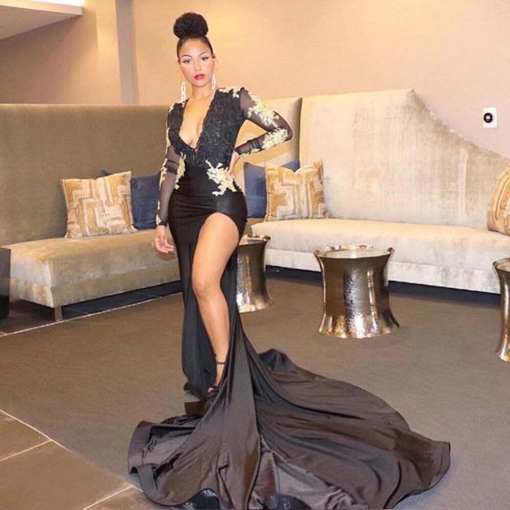 Elegant Mermaid Prom Dress for Women - Long Sleeve Sexy V-Neck Backless Beaded Lace Evening Gown with High Slit | Perfect for Formal Events, Homecoming, Pageants & Special Occasions