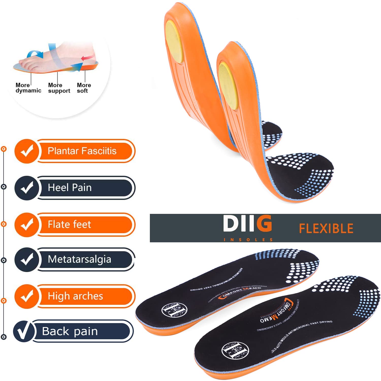 **Diig Memory Foam Orthotic Shoe Insoles for Men & Women – Relieves Flat Feet, Heel Pain & Fatigue – Full-Length Support for Work & Casual Shoes – Perfect for Standing All Day, Walking & Running**