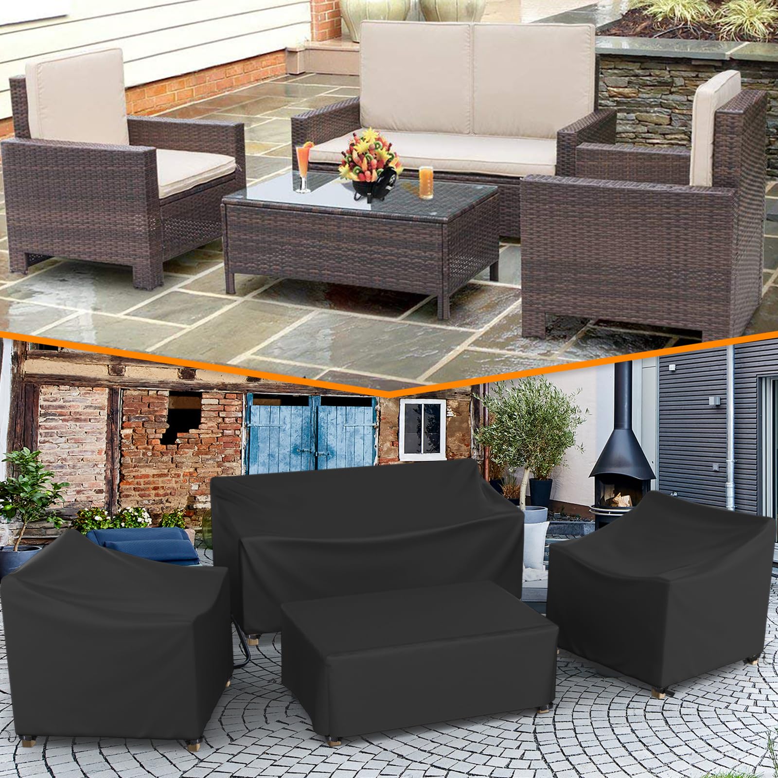 **600D Heavy Duty Waterproof Patio Furniture Cover Set - 4 Piece Outdoor Sectional Table & Chair Protection, Black (Large) - Perfect for Lawn, Garden & Backyard Use**