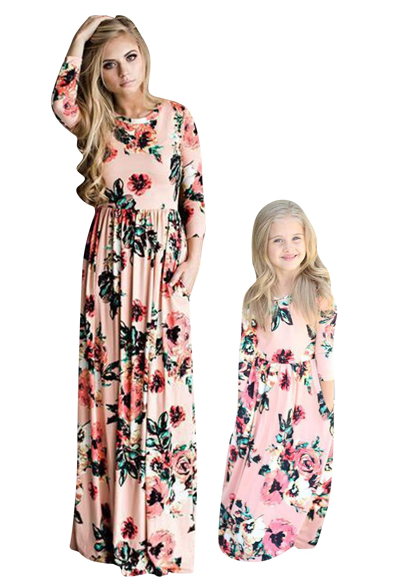 YMING Mommy and Daughter Matching Maxi Dresses - Floral Print Long Sleeve Outfits for Women and Girls | Perfect for Family Photos, Holidays, and Special Occasions