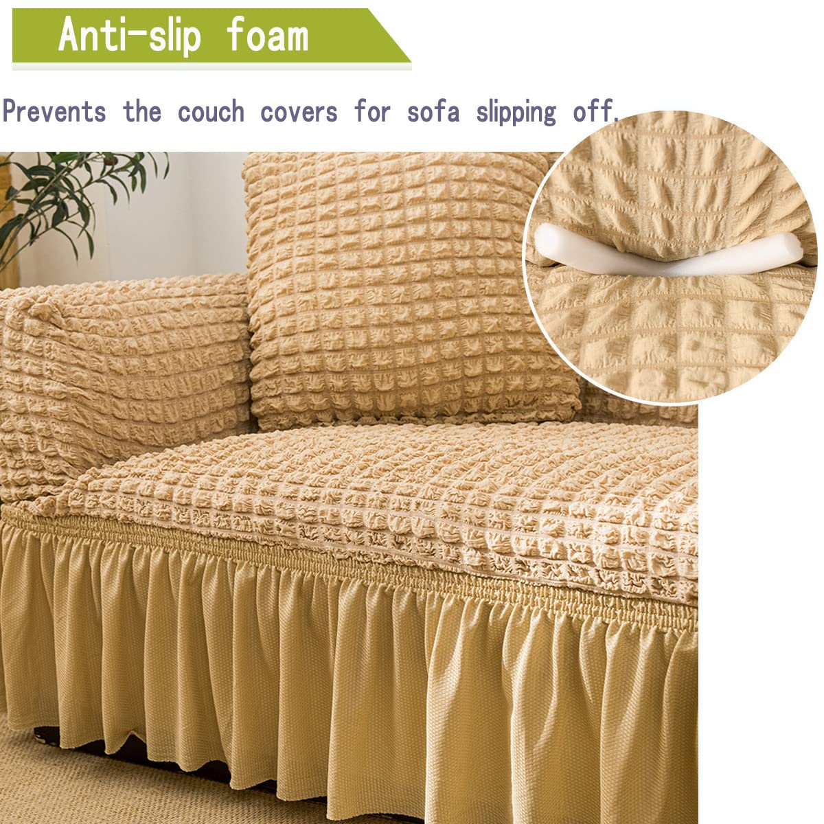 Stretch Sofa Slipcover - Washable Couch Cover for Sofa & Bed - Elastic Bottom & Skirt - Easy Fit Furniture Protector (Beige, XL) - Perfect for Living Room, Home Decor & Pet Protection