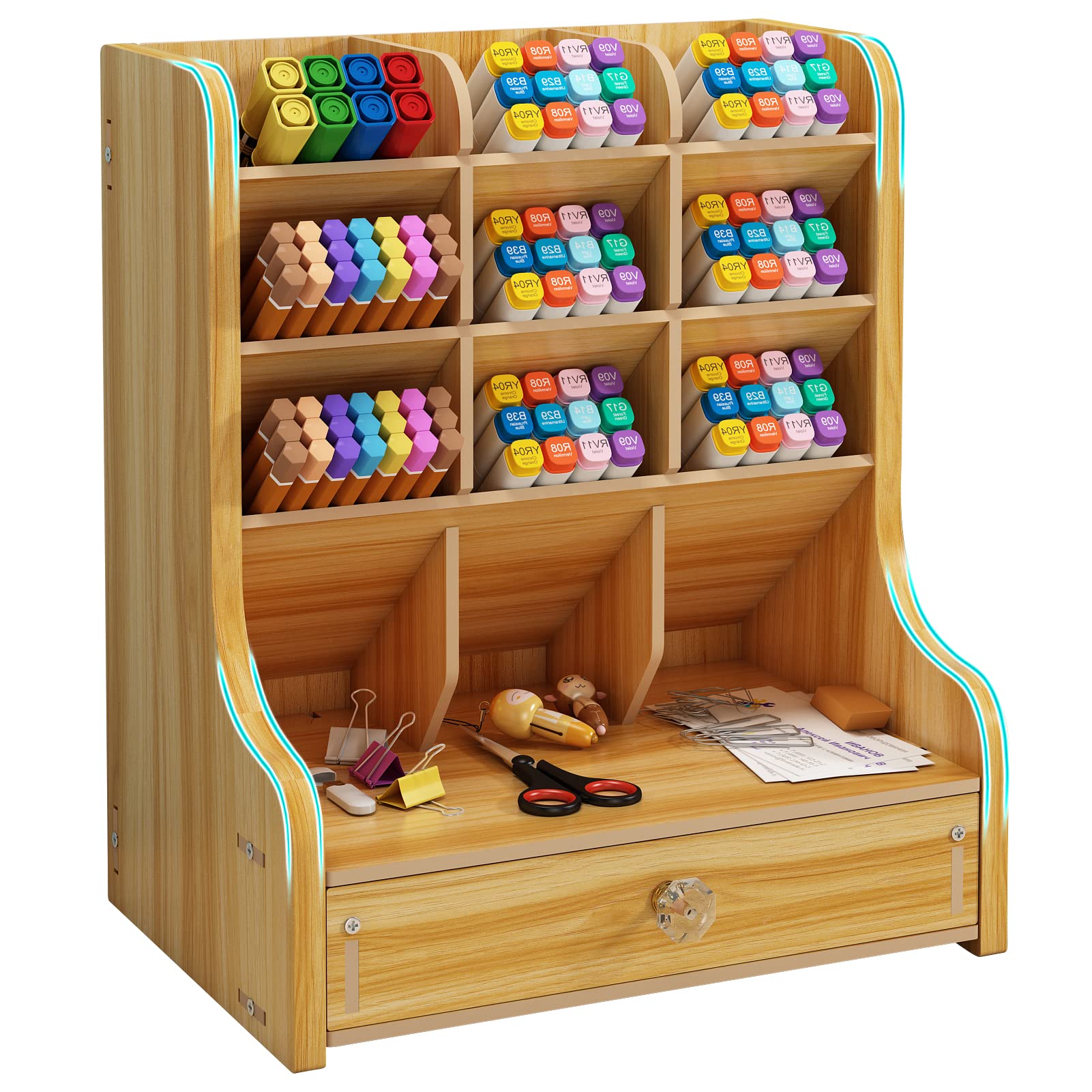 Premium Wooden Pen Organizer with Drawer - DIY Desk Stationery Holder for Home & Office Supplies | Cherry Finish | Perfect for Artists, Writers & Students