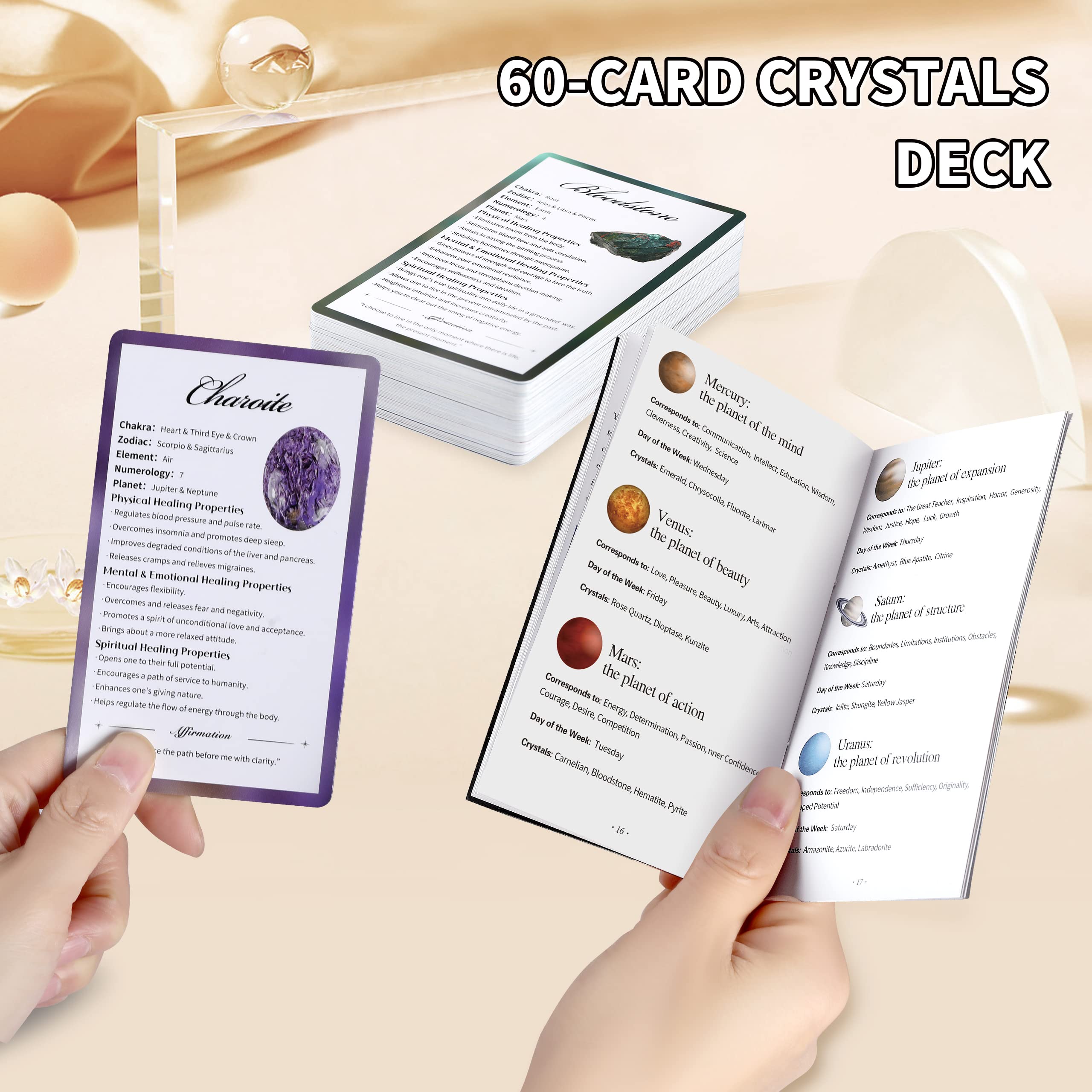 Healing Crystals Oracle Cards Deck - 60 Crystal & Stone Cards with Meanings, Guidebook for Beginners | Meditation, Spiritual Growth & Energy Work Gift Set