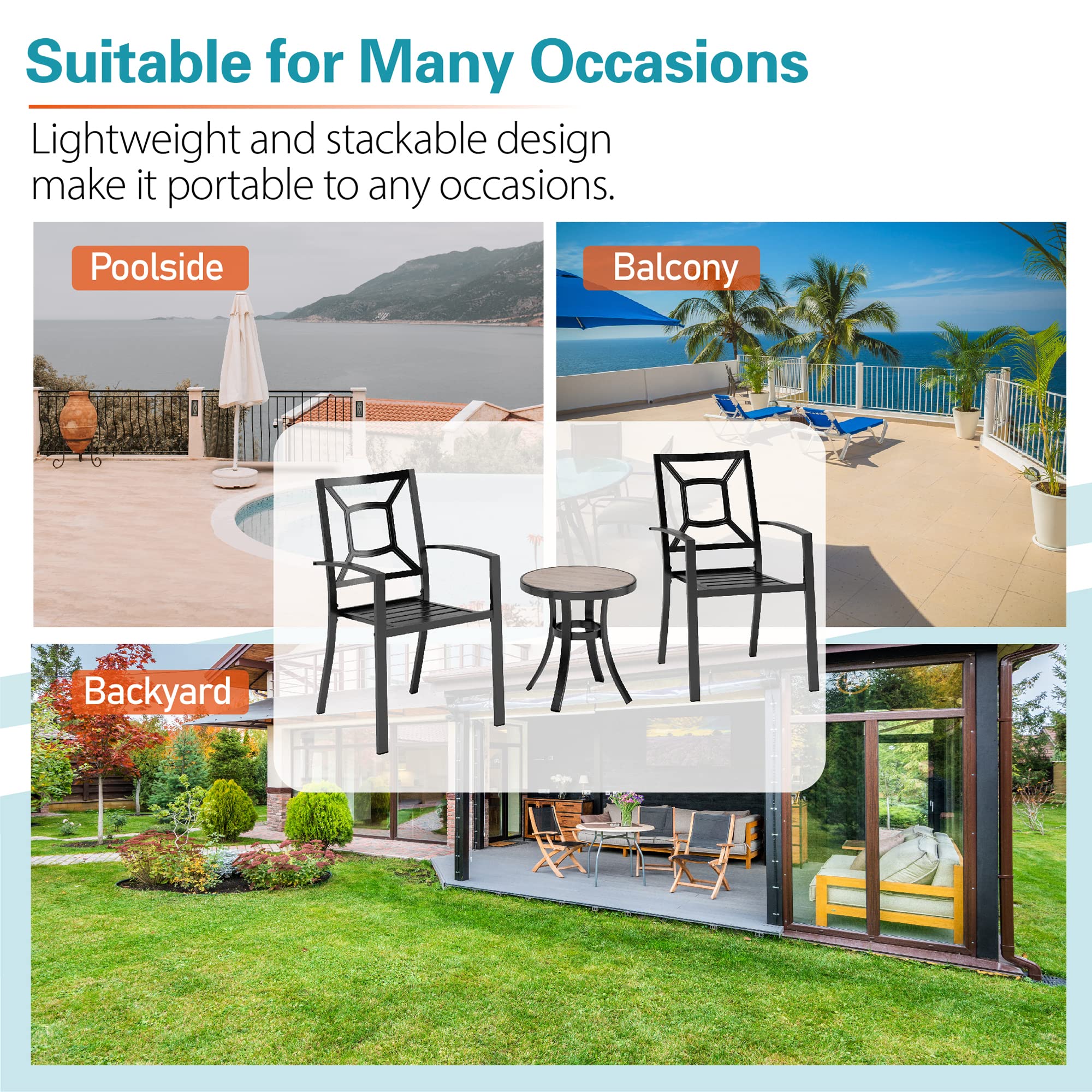Sophia & William 3-Piece Patio Bistro Set - 2 Stackable Metal Chairs & Round Side Table - Outdoor Furniture for Backyard, Balcony, Garden & Indoor Use - Perfect for Relaxing, Dining & Entertaining