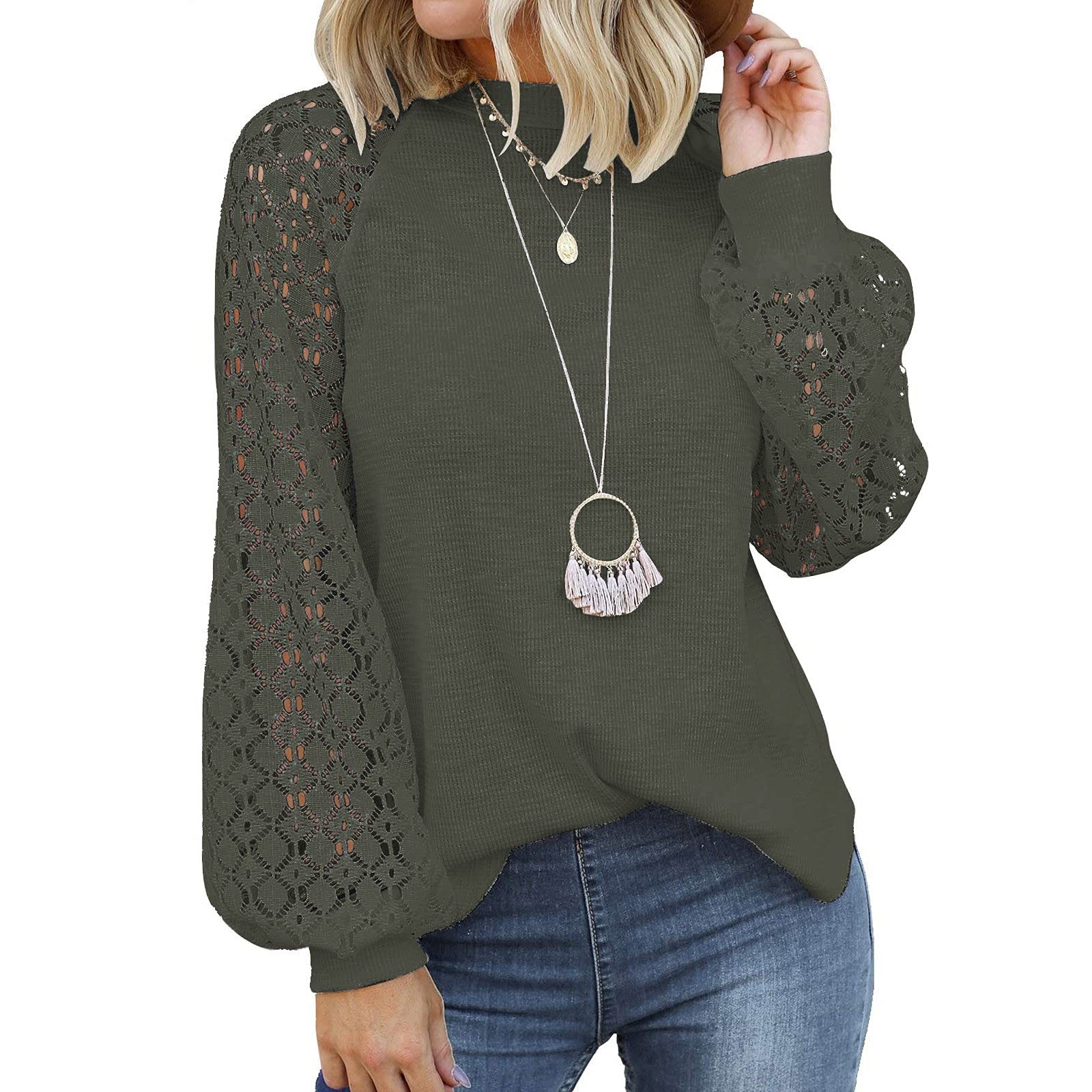 Women's Fashion Lace Hollow Patchwork Long Sleeve Blouse - Waffle Texture Crew Neck Pullover Top for Casual Wear, Office & Date Nights